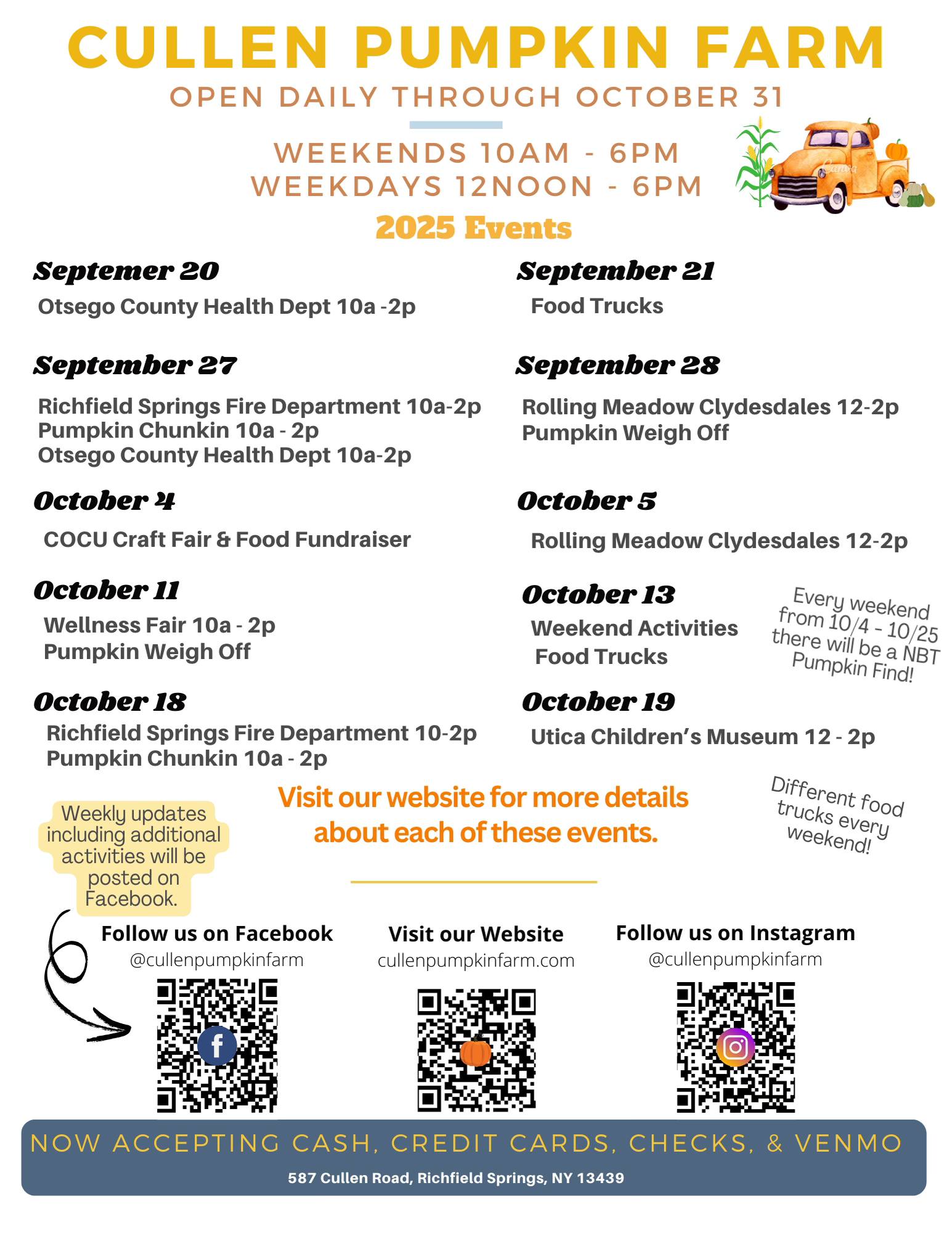 Here are our 2025 events along with... - Cullen Pumpkin Farm | Facebook