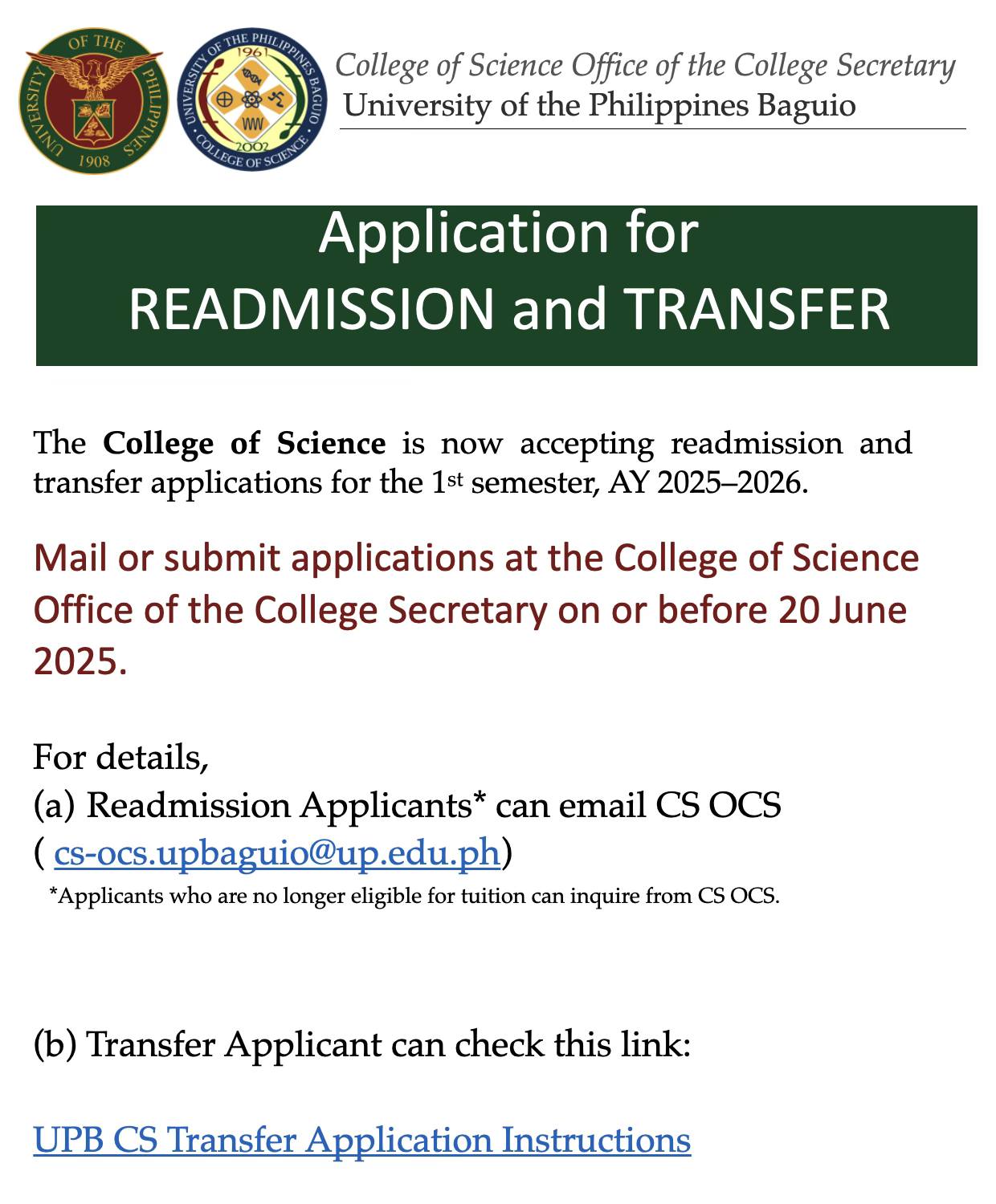 Application for READMISSION and TRANSFER: The College of Science is now ...
