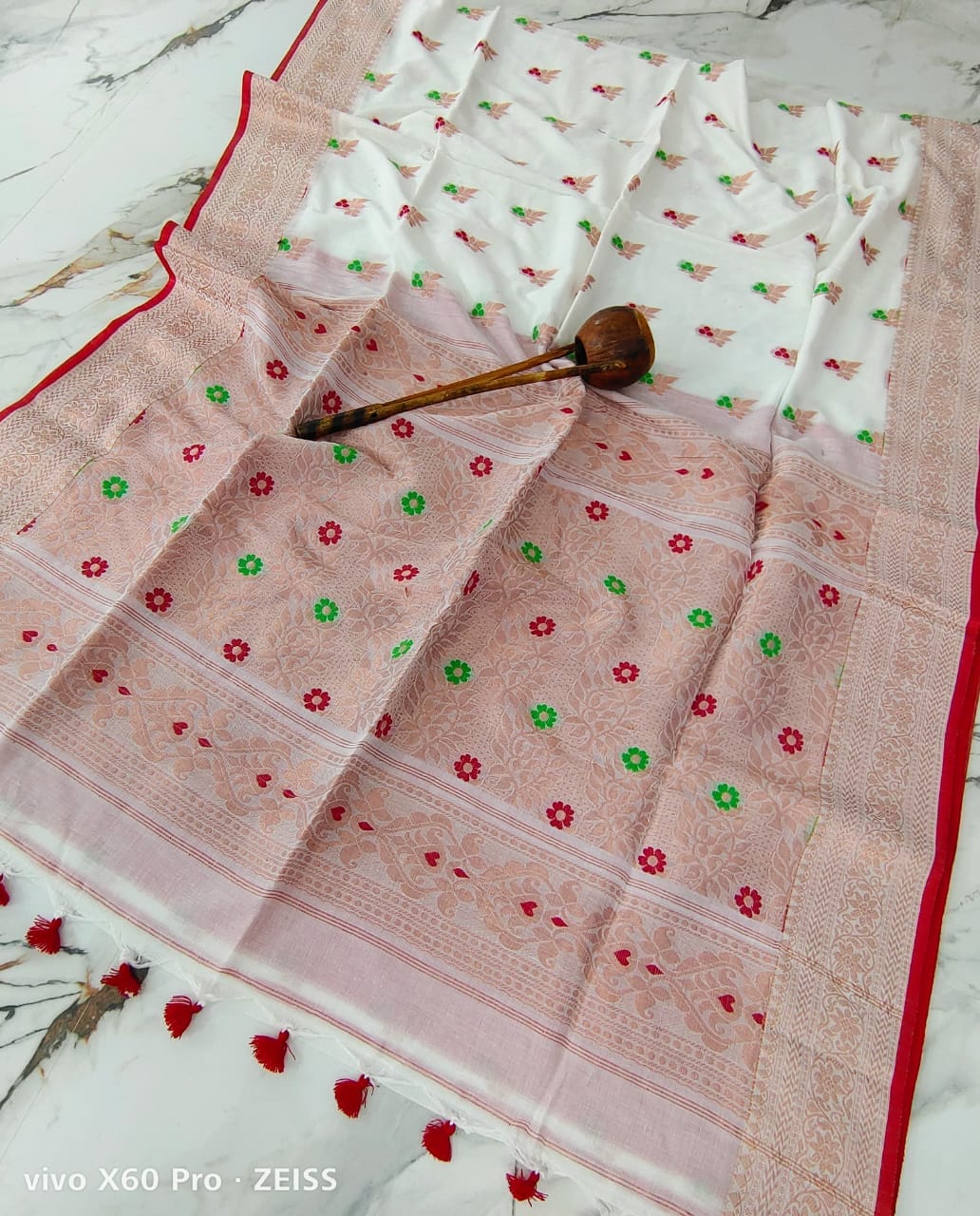 Shari Bahar | Puja special red & white pure mersarised cotton sari ...