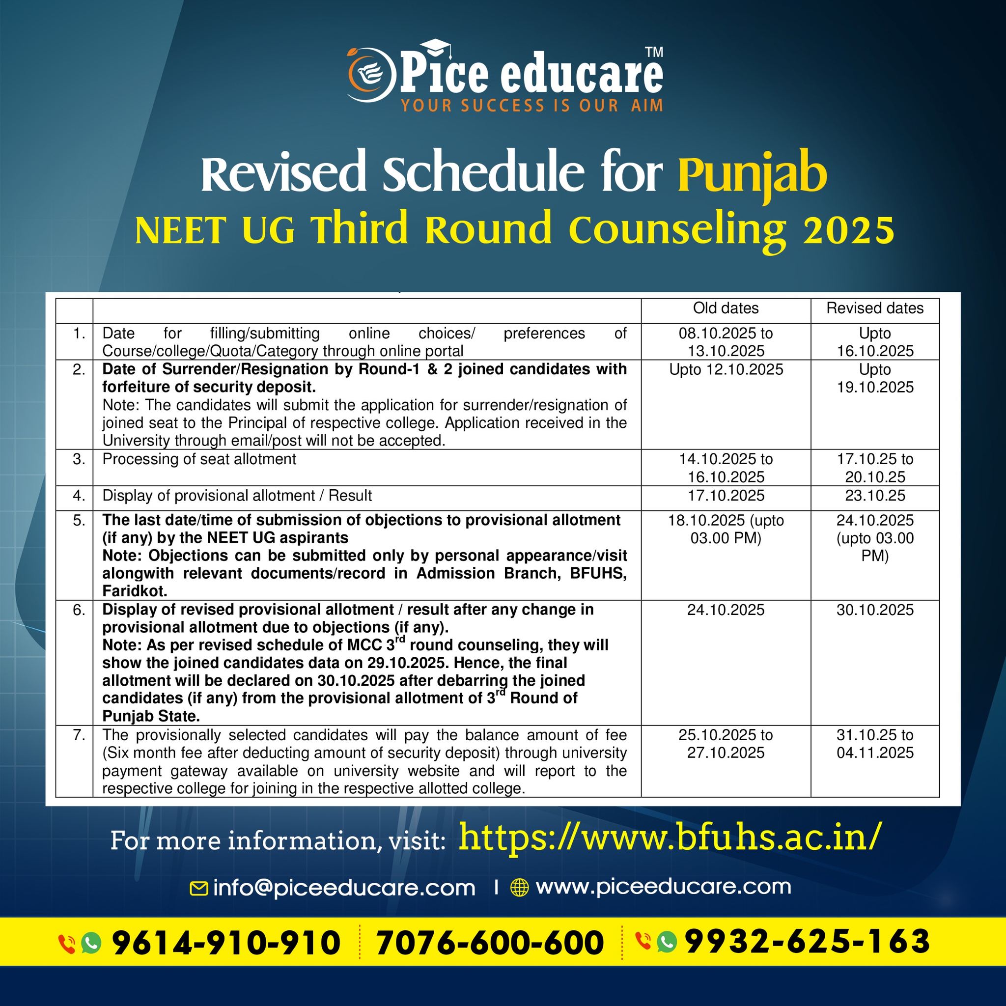 Pice - 📢 Punjab NEET UG 2025 – Revised Schedule for Third Round ...