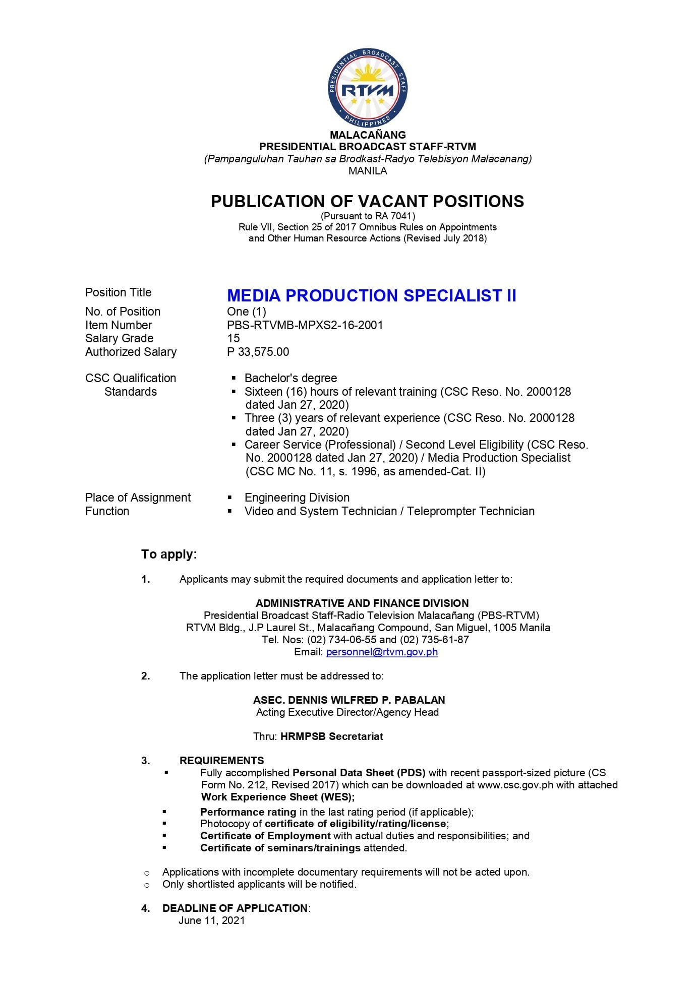WE ARE HIRING! The... - Radio Television Malacañang - RTVM | Facebook