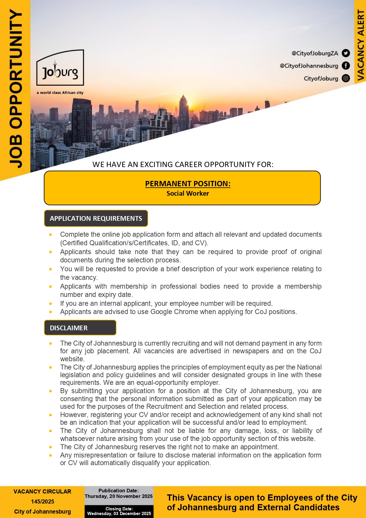 Social Worker City of Johannesburg... - Mike Consultants SA | Facebook