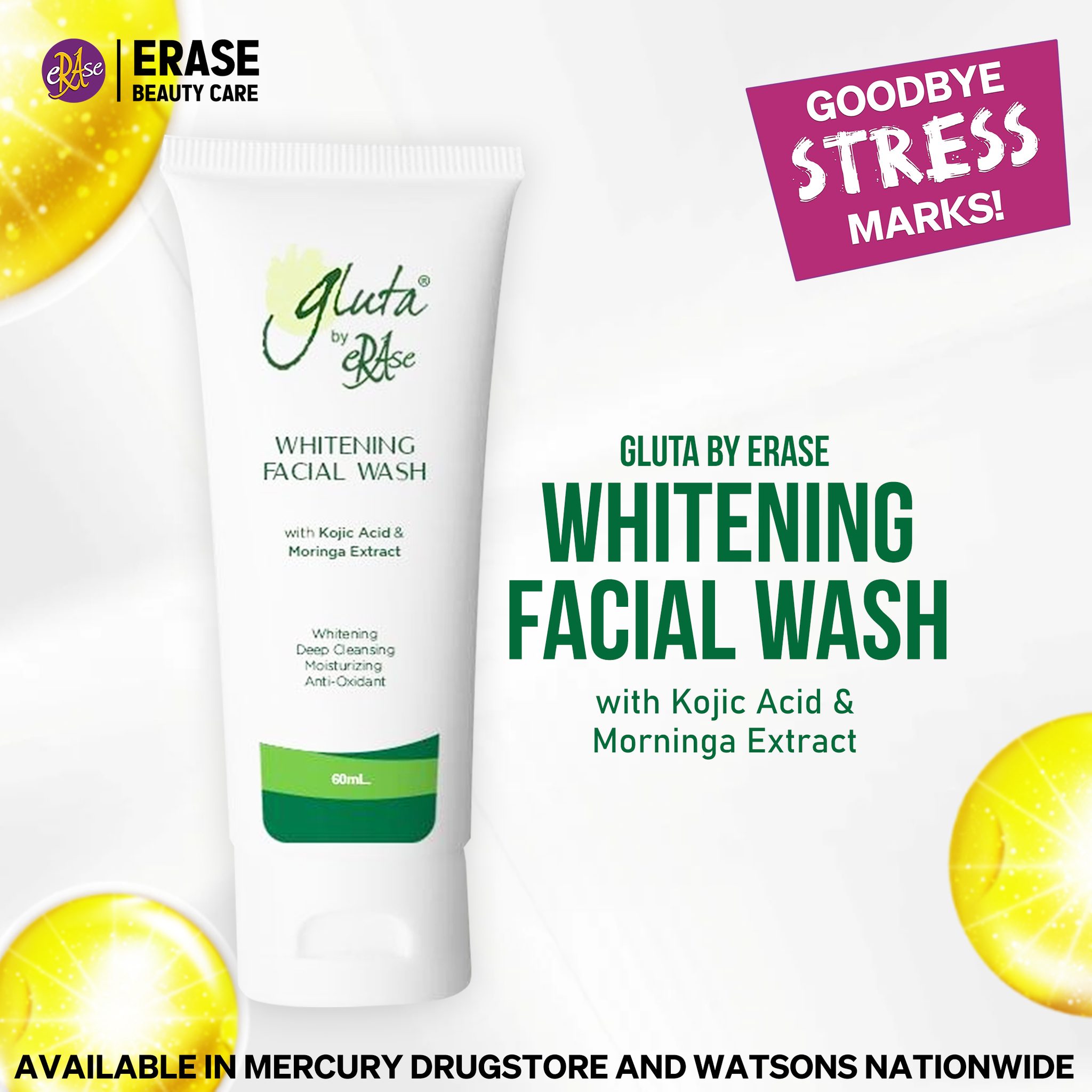 GLUTA by Erase Whitening Facial Wash! Gently exfoliates and deeply hydrates with Kojic Acid for a brighter glow and Moringa for skin nourishment. With SPF 15 to protect against sun damage and