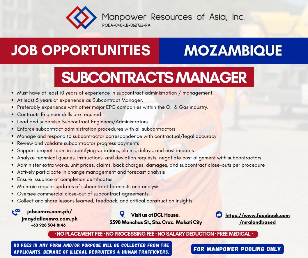 Manpower - 🛠️ 𝐇𝐈𝐑𝐈𝐍𝐆: 𝐒𝐔𝐁𝐂𝐎𝐍𝐓𝐑𝐀𝐂𝐓𝐒 𝐌𝐀𝐍𝐀𝐆𝐄𝐑 📍 𝐋𝐨𝐜𝐚𝐭𝐢𝐨𝐧: 𝐌𝐨𝐳𝐚𝐦𝐛𝐢𝐪𝐮𝐞 📢 ...