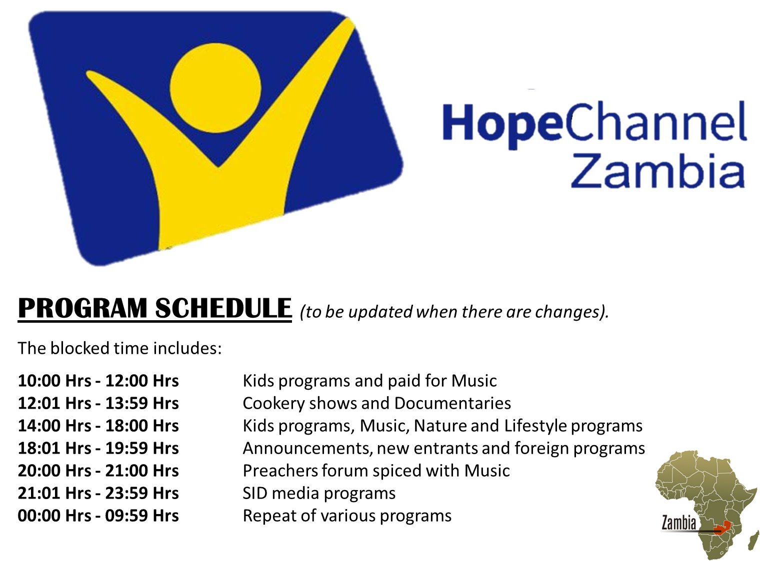 Hope Channel Zambia - PROGRAM SCHEDULE (to be updated when there are ...