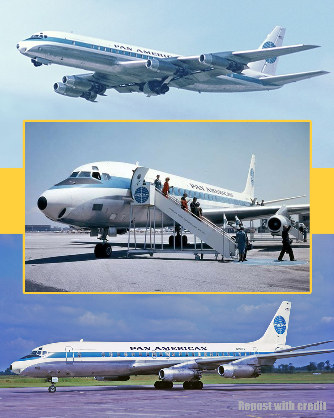 A triple view of Pan American World Airways Douglas DC-8-32s: in