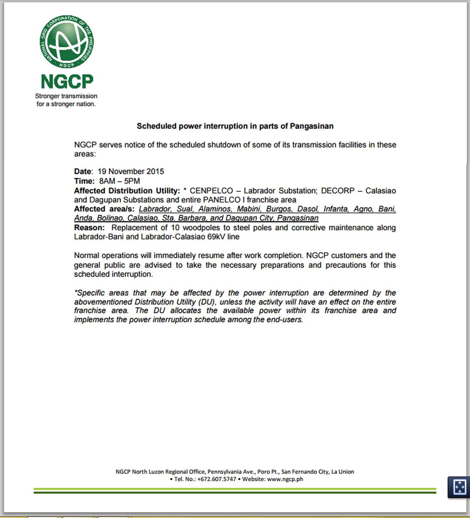I Love Pangasinan - PUBLIC SERVICE ANNOUNCEMENT: SCHEDULED POWER ...