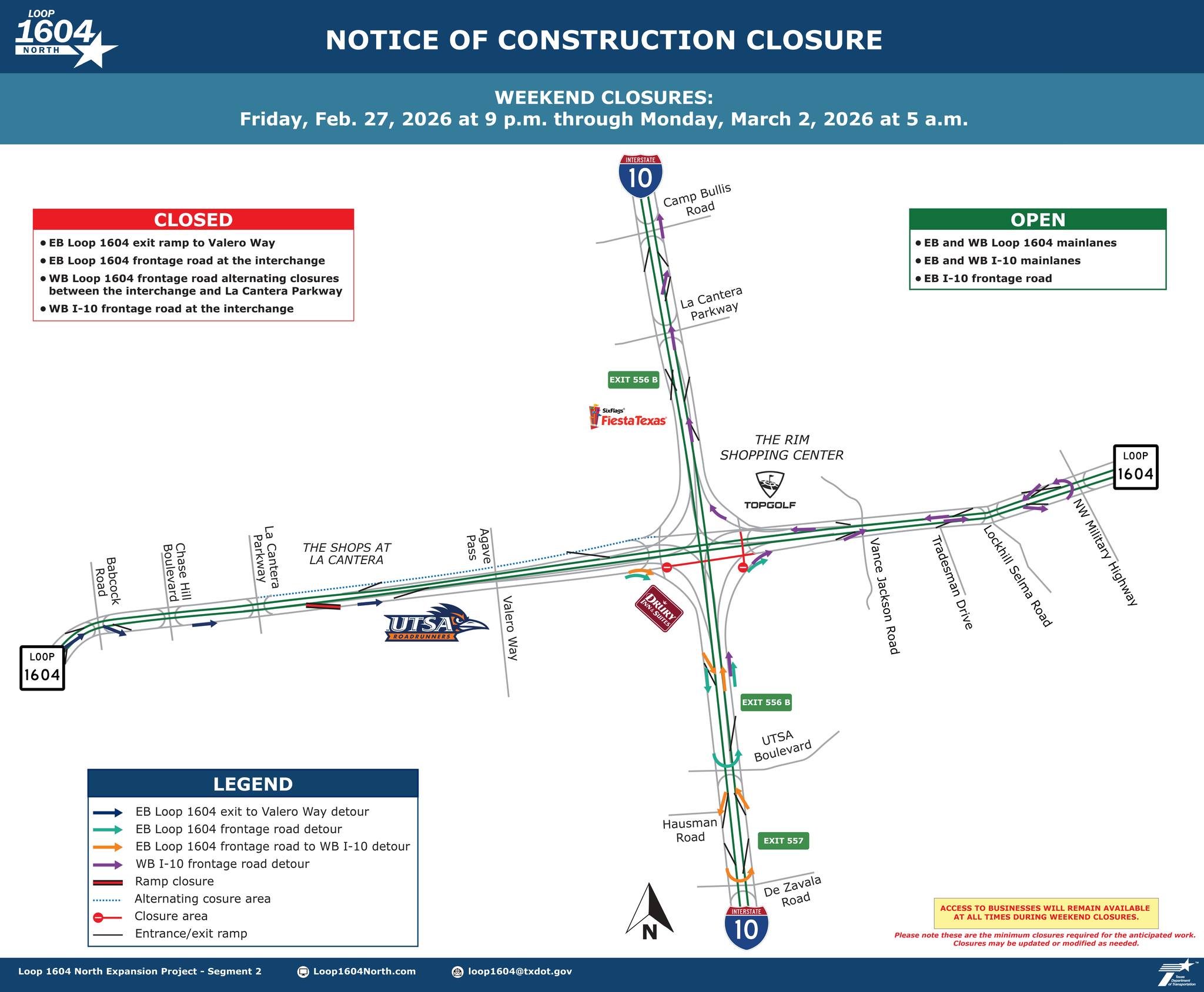 All lanes of Loop 1604 and I-10 open this weekend (2/27 - 3/2) in