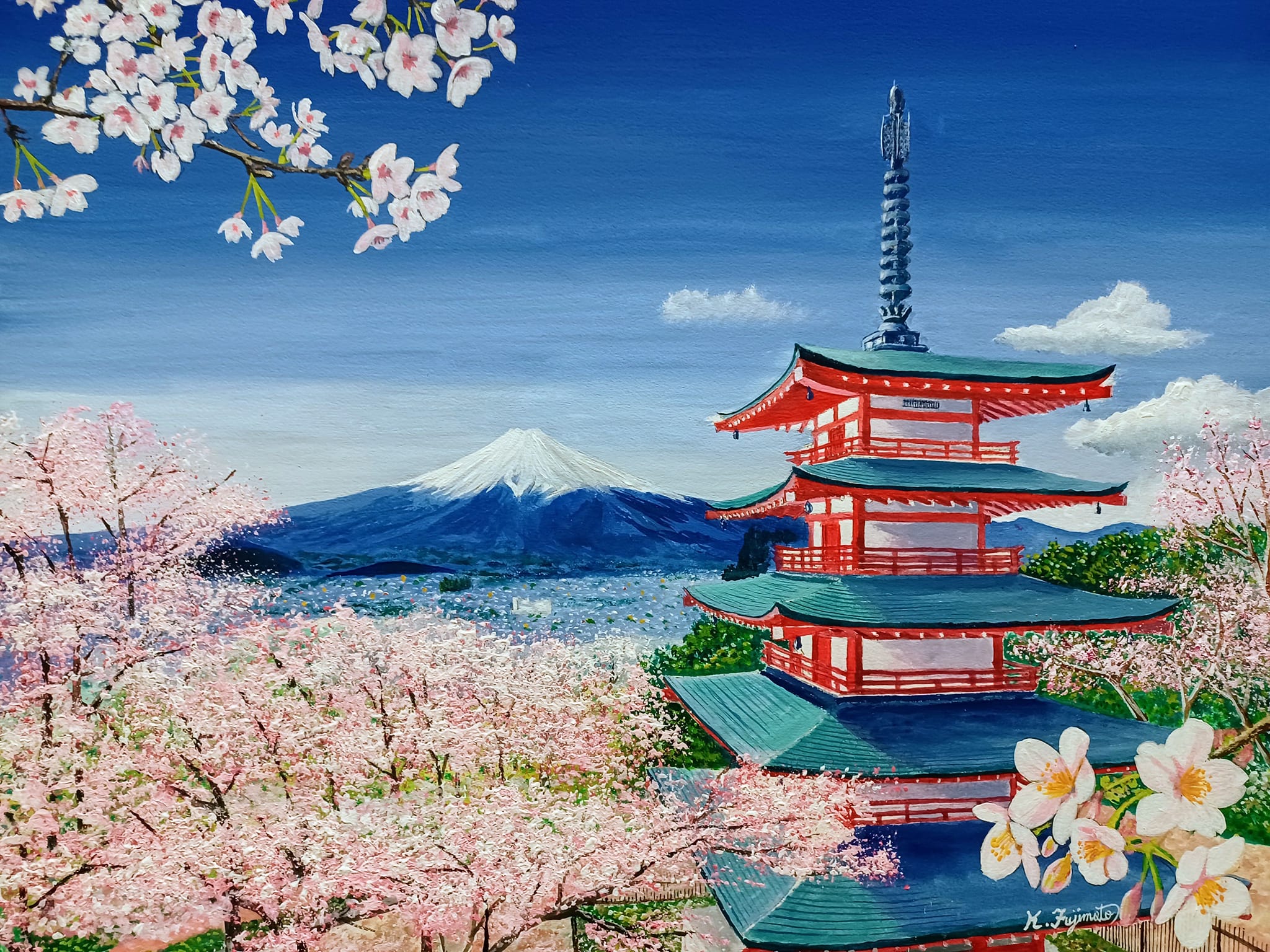 Mt. Fuji and pagoda acrylic painting by Kazunori Fujimoto