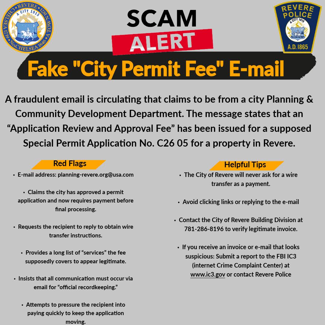 Revere - 🚨 Revere Permit Scam Alert 🚨 Revere Police are aware of a scam ...