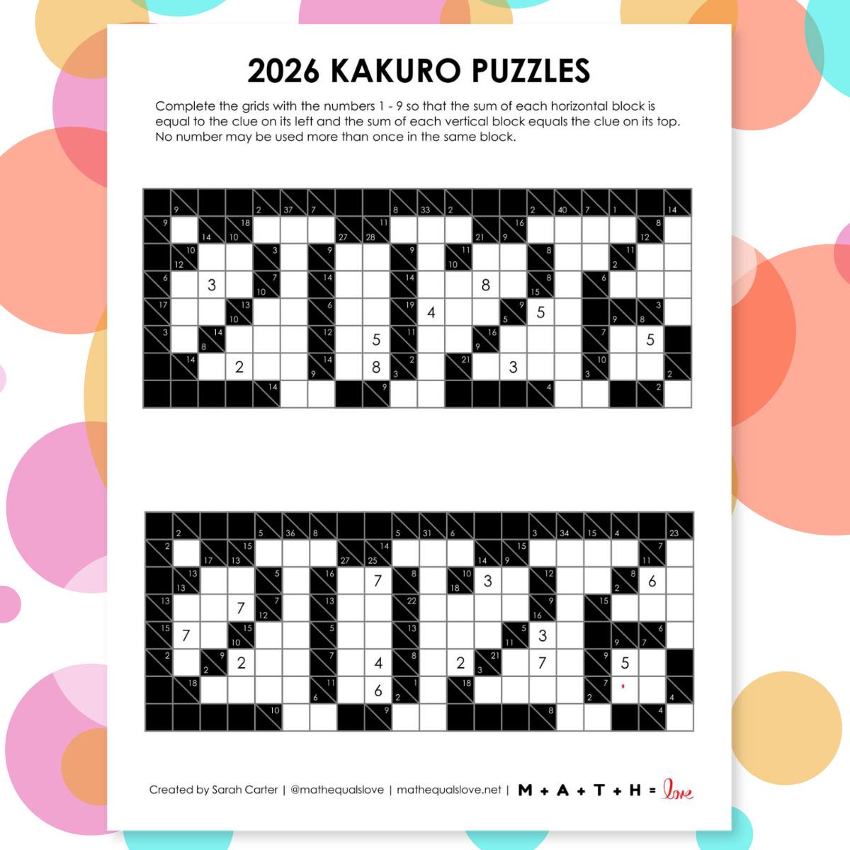 Math - 2026 Kakuro Puzzles for New Years 2026 Kakuro Puzzle: https ...
