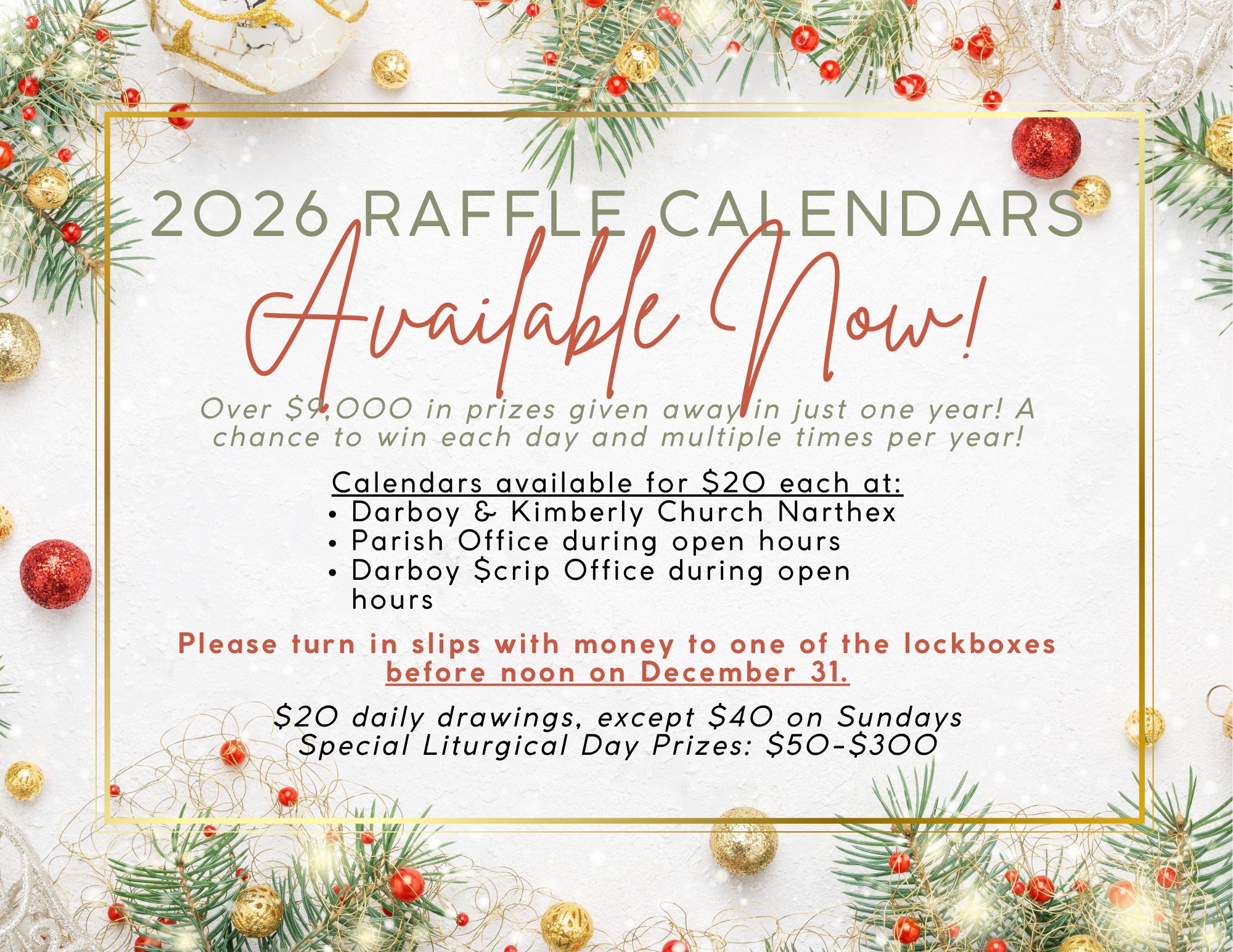 Holy - ⛪📆Get your 2026 Raffle Calendar starting tomorrow!! Chances to ...