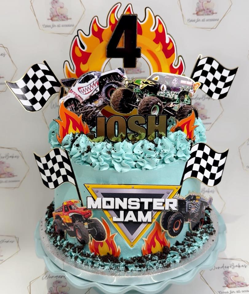 Josh requested a chocolate cake with a Monster Jam themed cake for