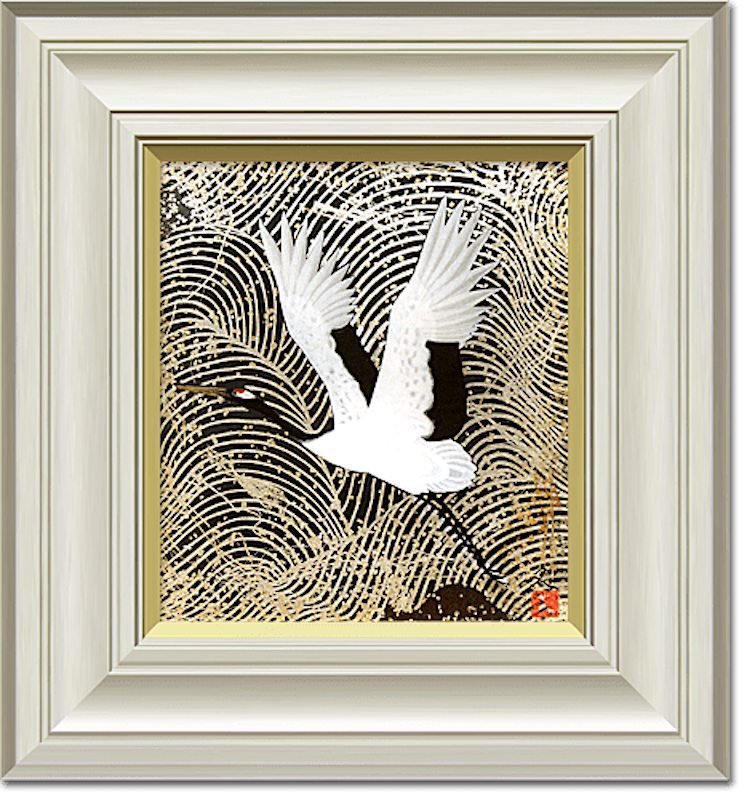 Crane' (鶴, Tsuru), a 1980 woodblock print (mokuhanga), by Kayama
