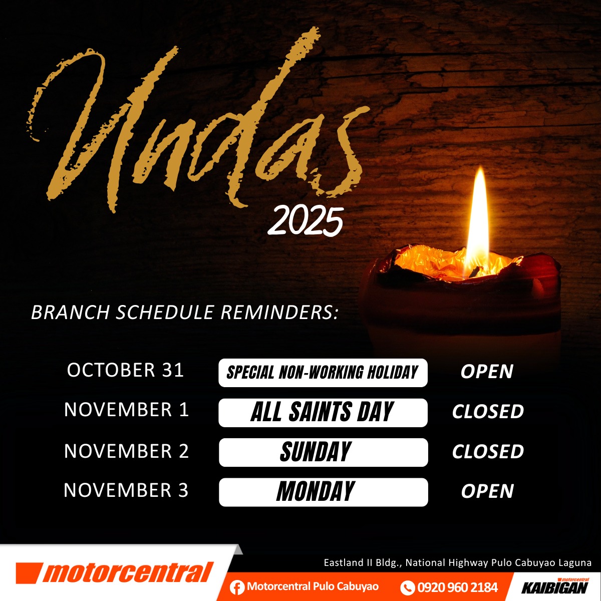Motorcentral - 📣 UNDAS REMINDER SCHEDULE 📣 In observance of the UNDAS ...