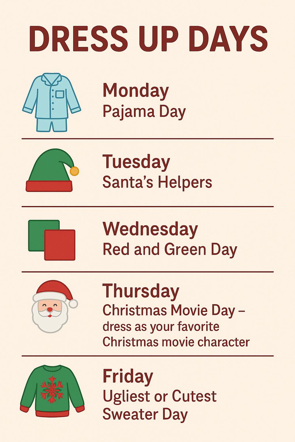 holiday dress up day ideas 🎄✨ Lake Myrtle Spirit Week is HERE! ✨🎄 Let's make the last week before Winter Break extra festive and fun! We hope that all our students will join us for these exciting IntroSS24