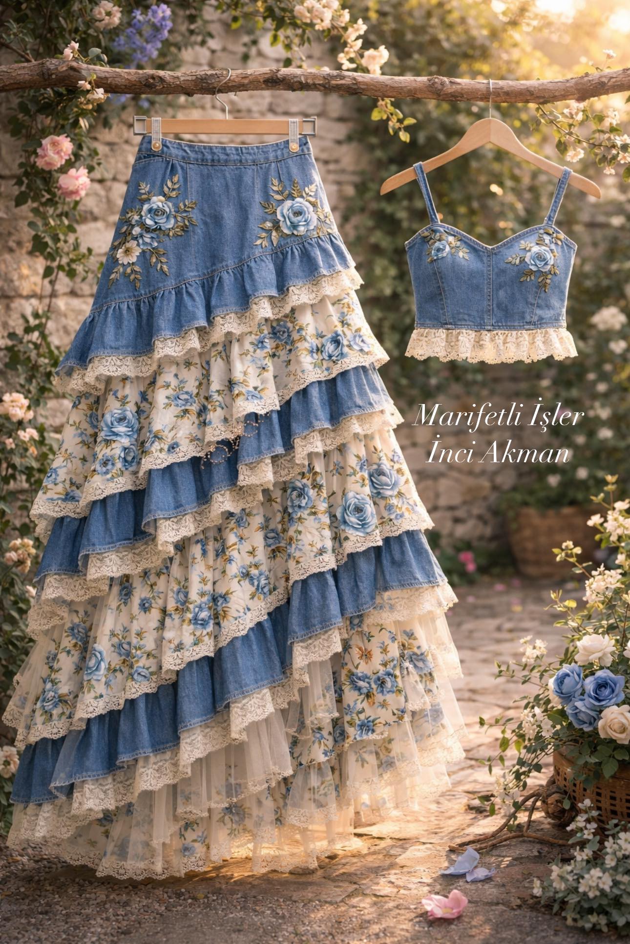 DIY Stylish Skirt and Bustier from Old Jeans, Lace, Floral Fabrics 