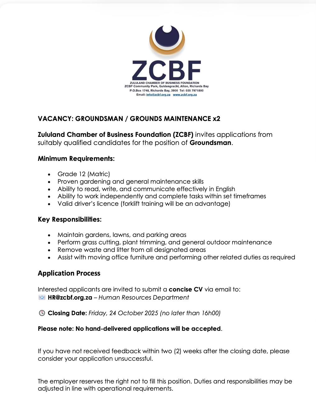ZCBF, - VACANCY: GROUNDSMAN / GROUNDS MAINTENANCE x2 Zululand Chamber ...