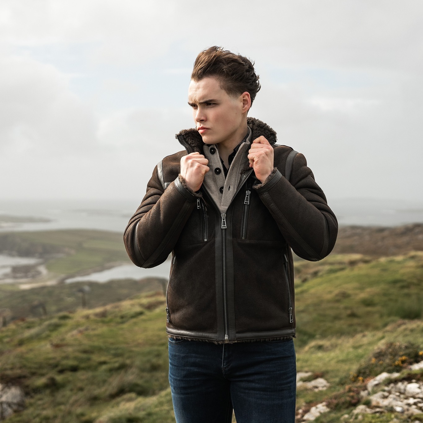 Victor wears the Belstaff Tundra Jacket, made from premium lamb 