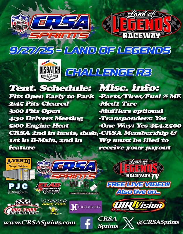 CRSA - Here's the racer info for tomorrow night at Land of Legends ...