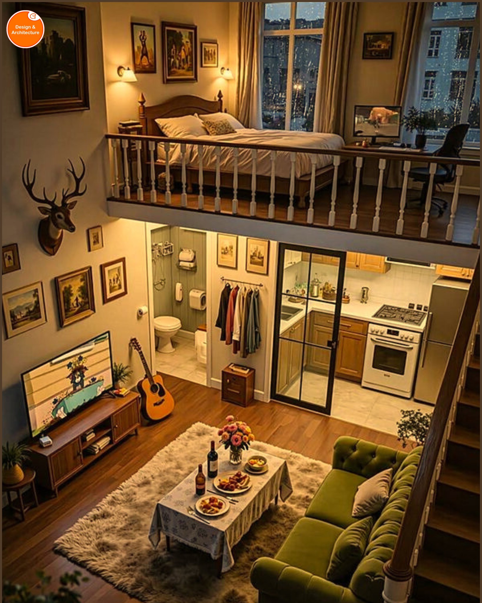 Design - This image presents a cozy, modern loft apartment that ...