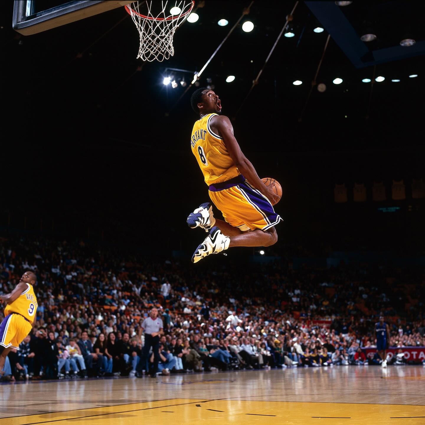 Kobe Bryant #8 of the Los Angeles Lakers goes up for a reverse