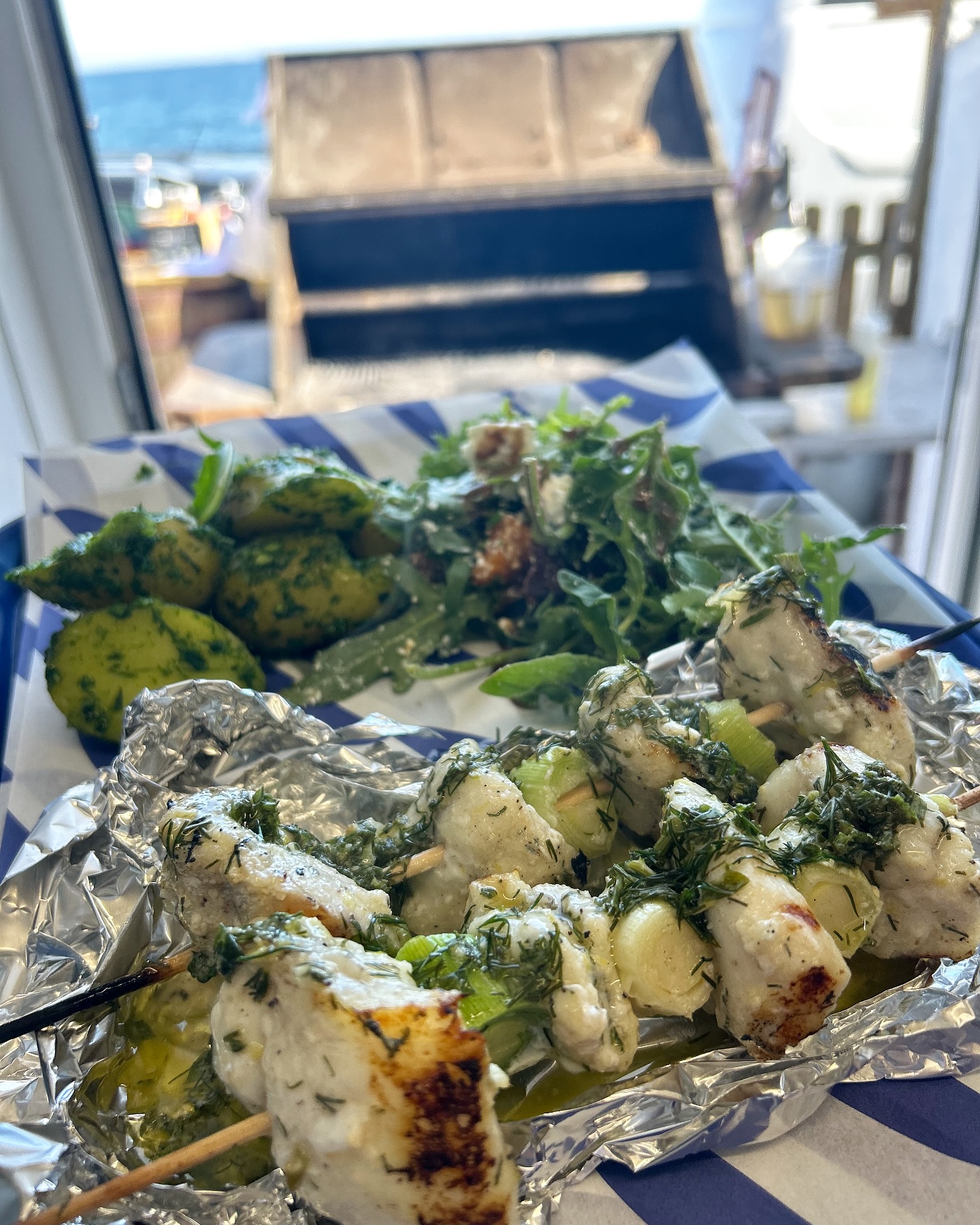 MARA - BBQ monkfish cheek & Arran leek skewers | herb & lemon dressing ...