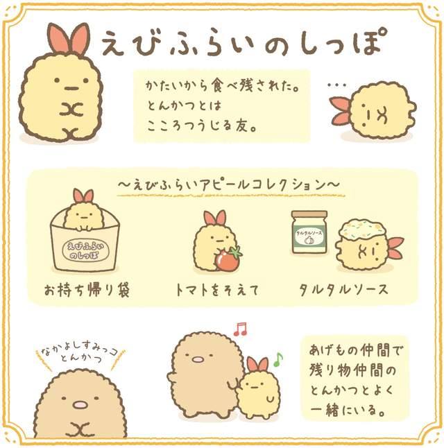 角落生物sumikko Gurashi Lovers すみっコぐらし 炸蝦尾日本炸物的炸蝦尾巴 跟炸 豬扒一樣是麵皮集結而成的 因為有些麵皮太硬 所以人們都會把她剩下來 跟炸豬排是很好的朋友 推介搭配是蕃茄和塔塔醬 Fried Shrimp Ebi Tail Fried Shrimp Tail Is A Kind Of