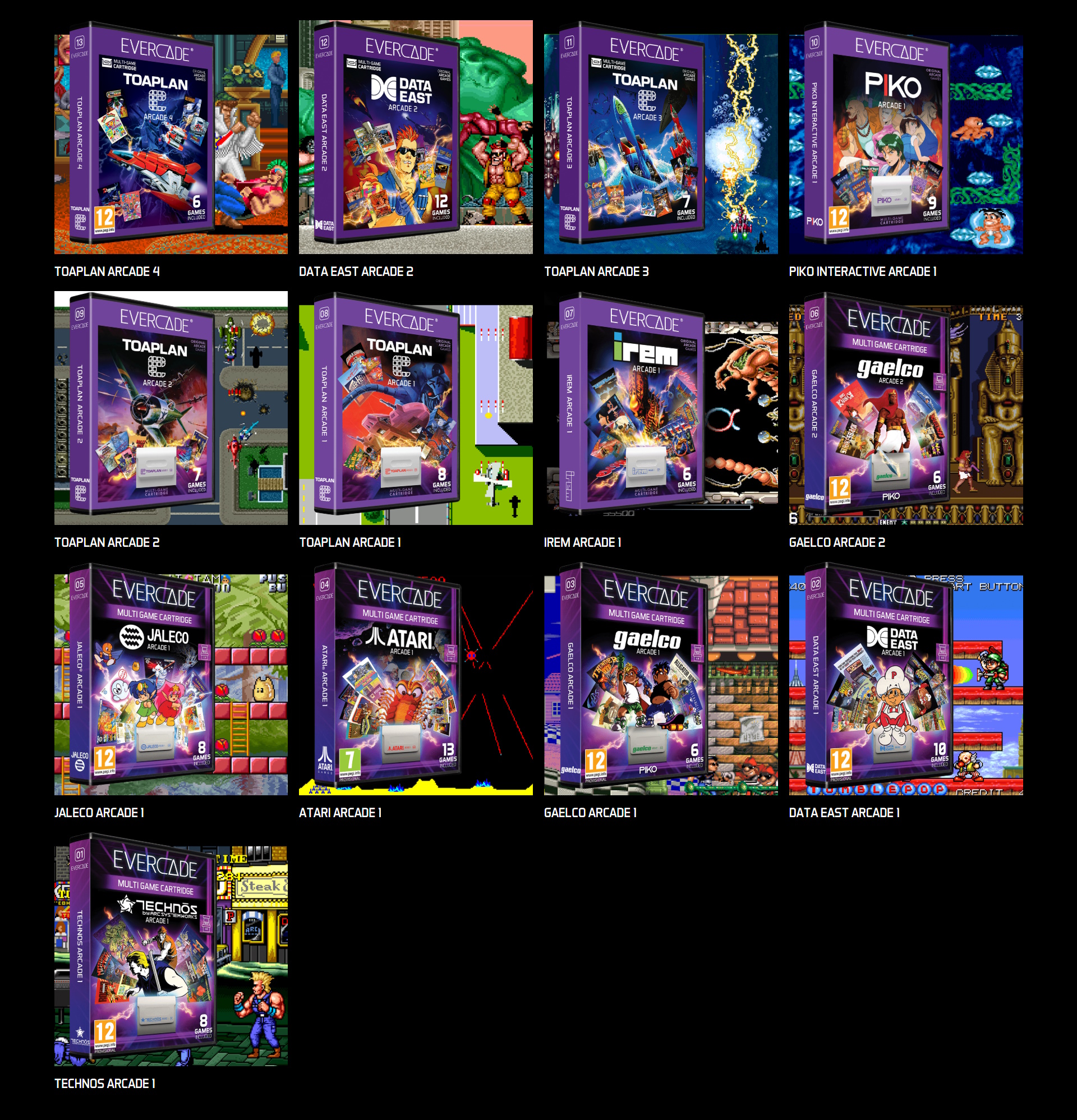 Our purple line of cartridges features arcade games in their