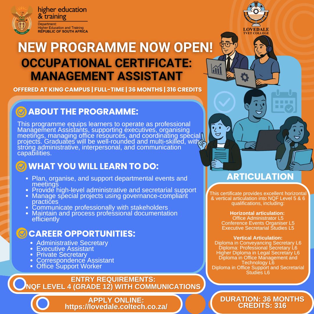 Lovedale - 𝐍𝐄𝐖 𝐏𝐑𝐎𝐆𝐑𝐀𝐌𝐌𝐄 𝐀𝐋𝐄𝐑𝐓! Lovedale TVET College is proud to ...