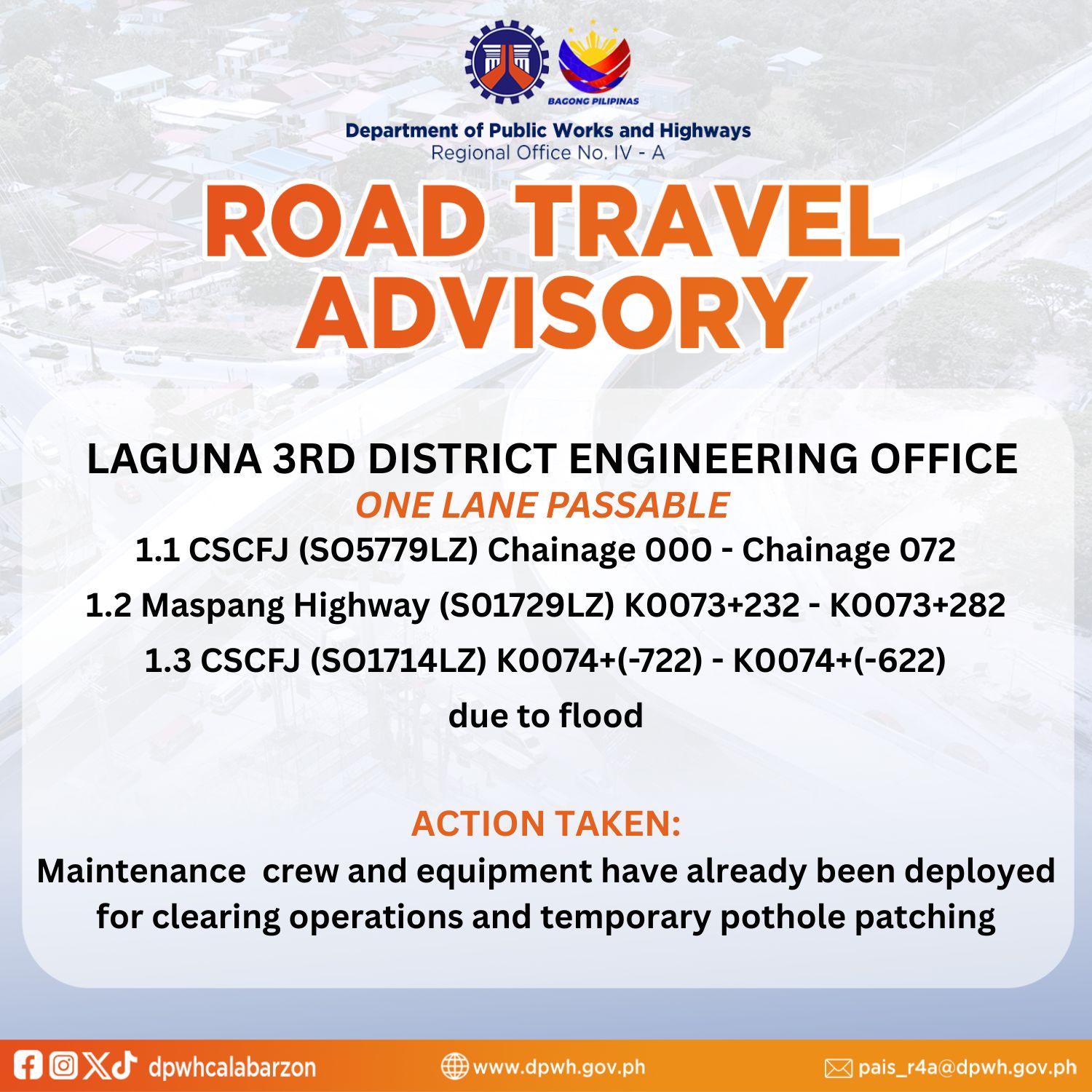 𝗗𝗣𝗪𝗛 𝗥𝗘𝗚𝗜𝗢𝗡 𝗜𝗩-𝗔 𝗥𝗢𝗔𝗗 𝗔𝗗𝗩𝗜𝗦𝗢𝗥𝗬 𝐔𝐩𝐝𝐚𝐭𝐞... - DPWH Region IV-A | Facebook