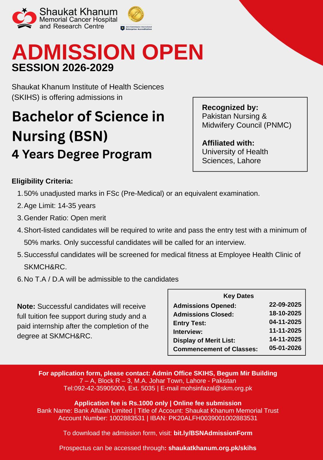 Shaukat Khanum Institute of Health Sciences is offering admissions in ...