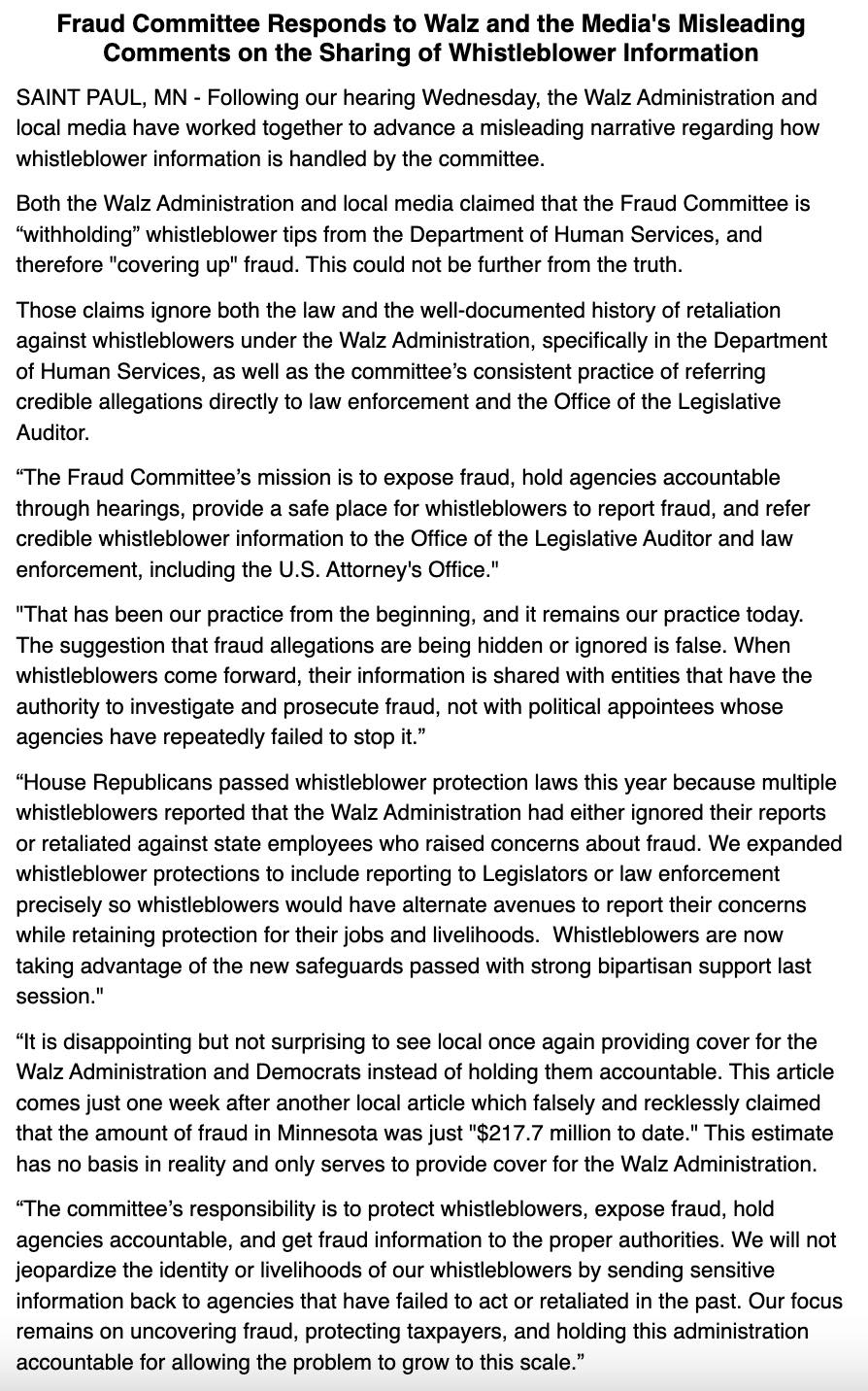 Kristin - .@Tim_Walz & local media claim the Fraud Committee is ...