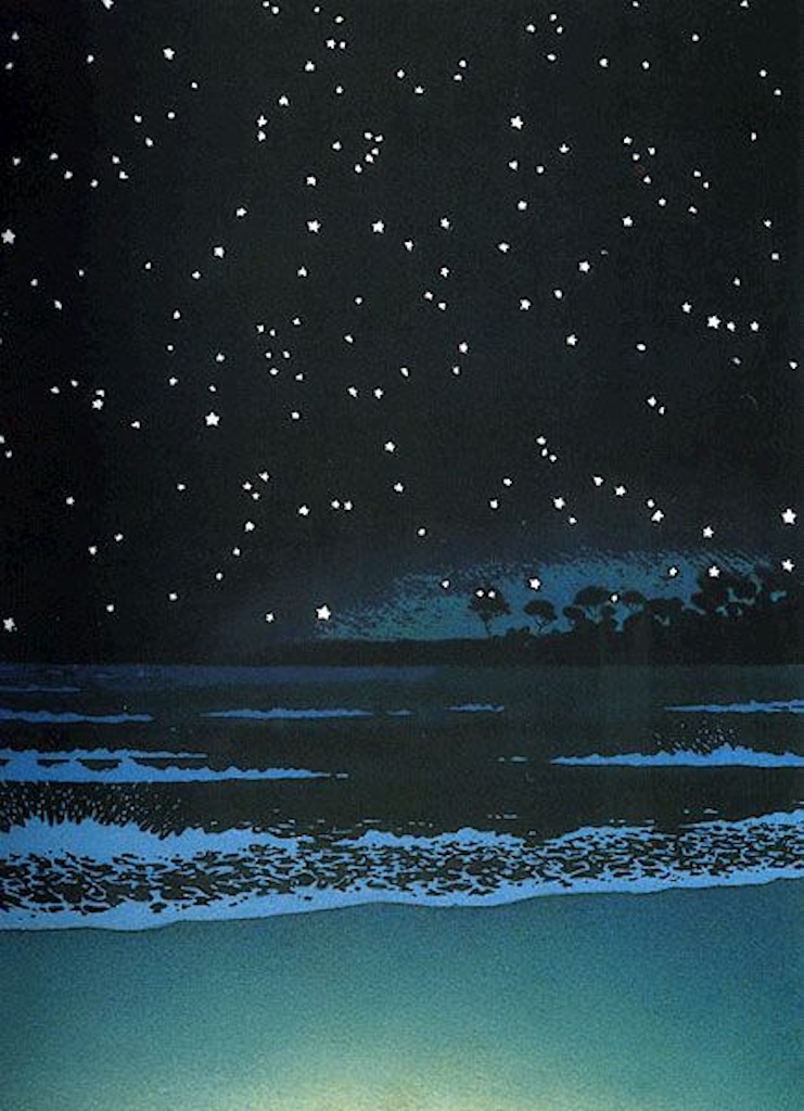 Starlit Night by the Ocean', 1930, by Kawase Hasui (川瀬 巴水
