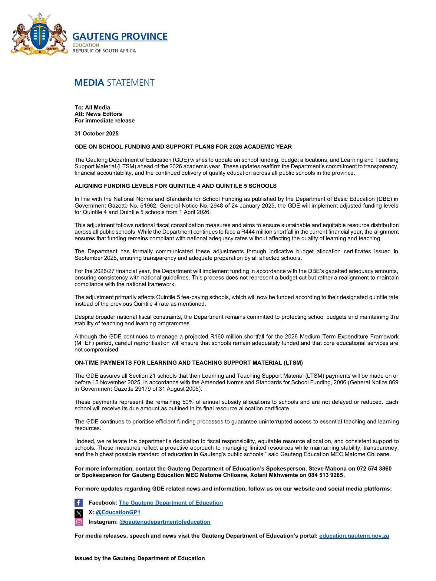The Gauteng - MEDIA STATEMENT | The Gauteng Department of Education ...