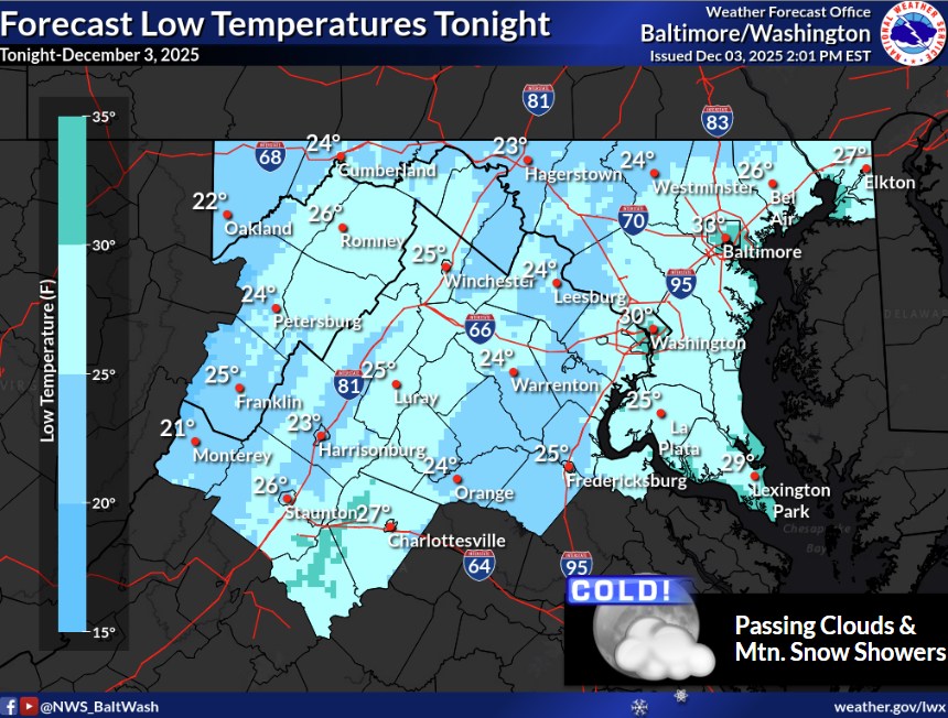US - Outside of a few late mountain snow showers expect a cold night ...
