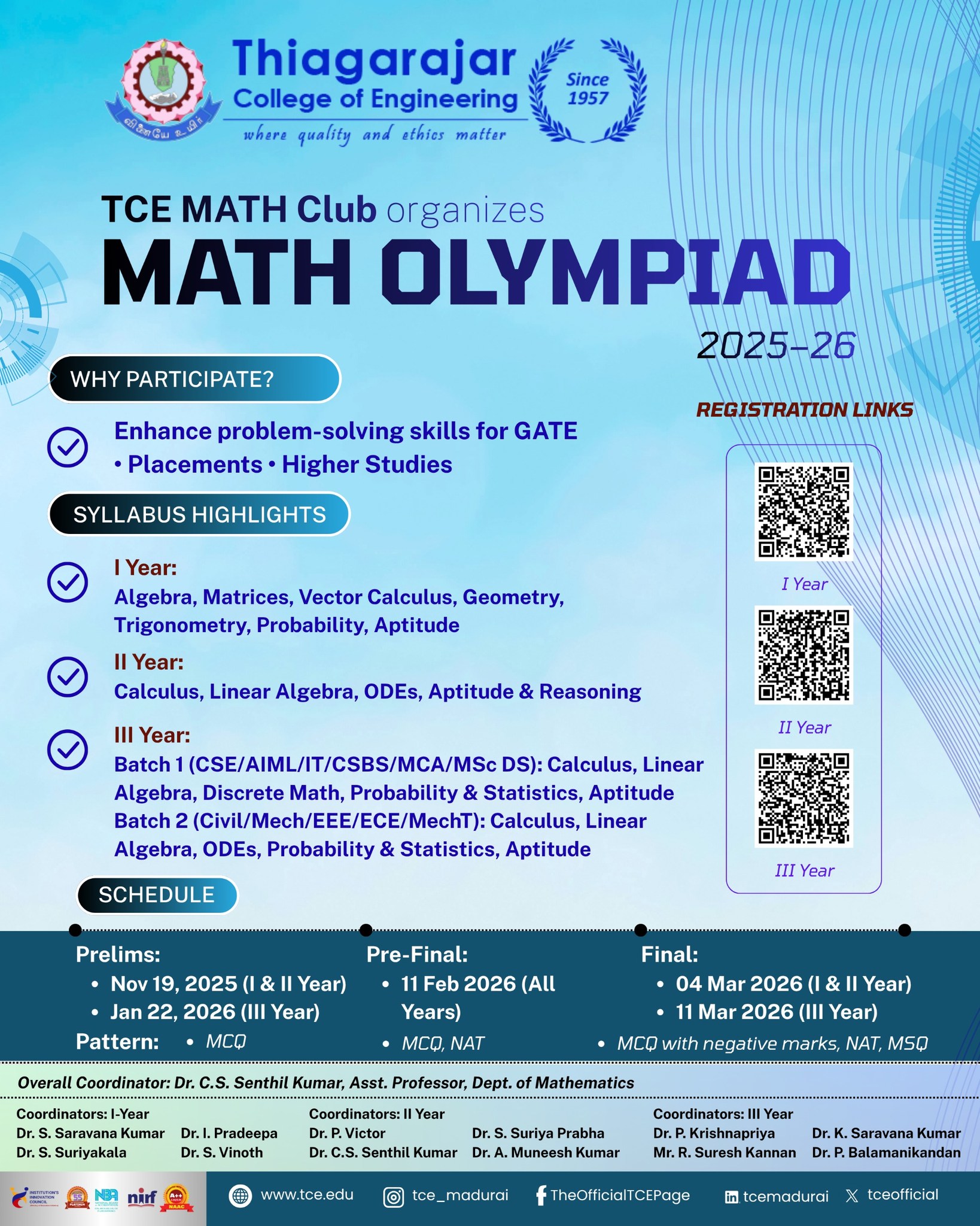 Thiagarajar - 🎓 TCE Math Olympiad 2025–26 TCE MATH Club is launching ...