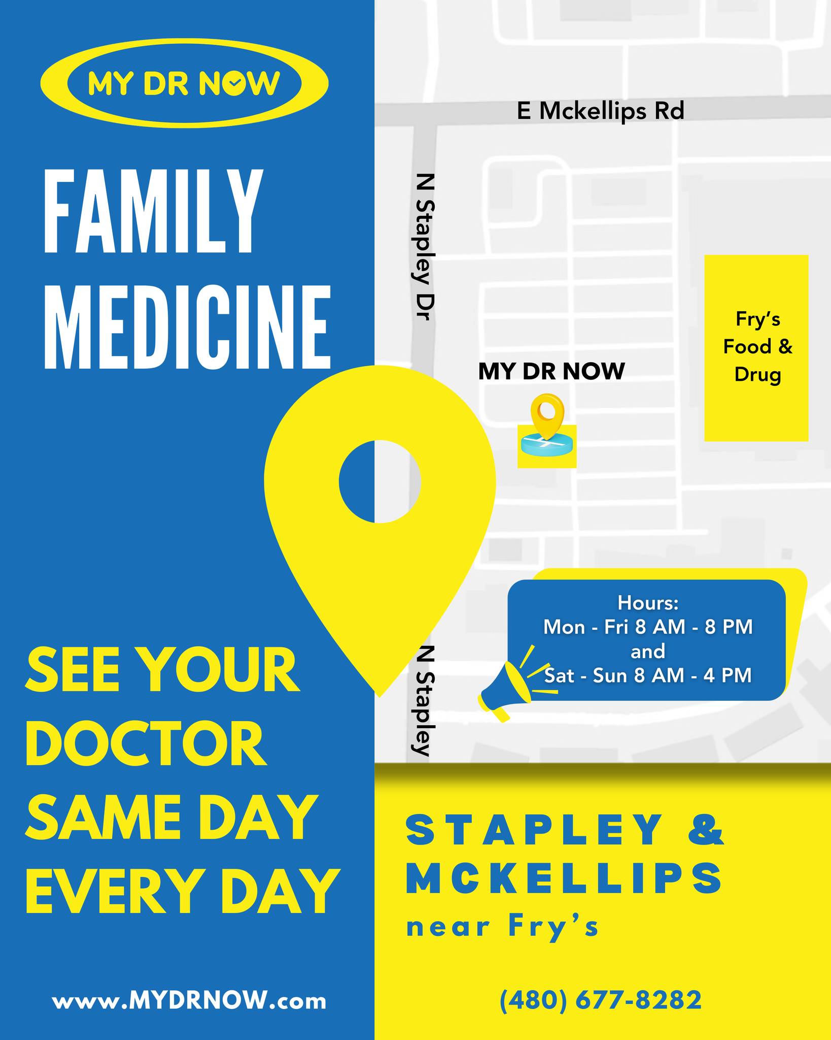 We're open every day at MY DR NOW! See us at Stapley & McKellips
