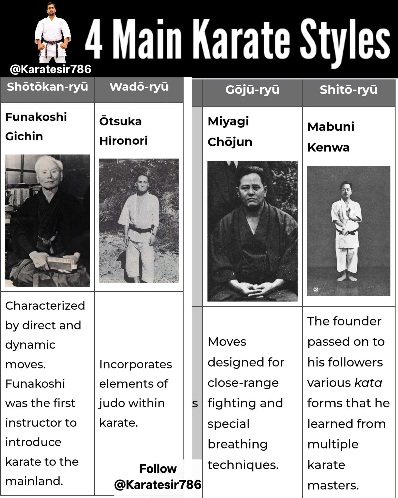 KARATE - The image displays the four main traditional styles of karate ...
