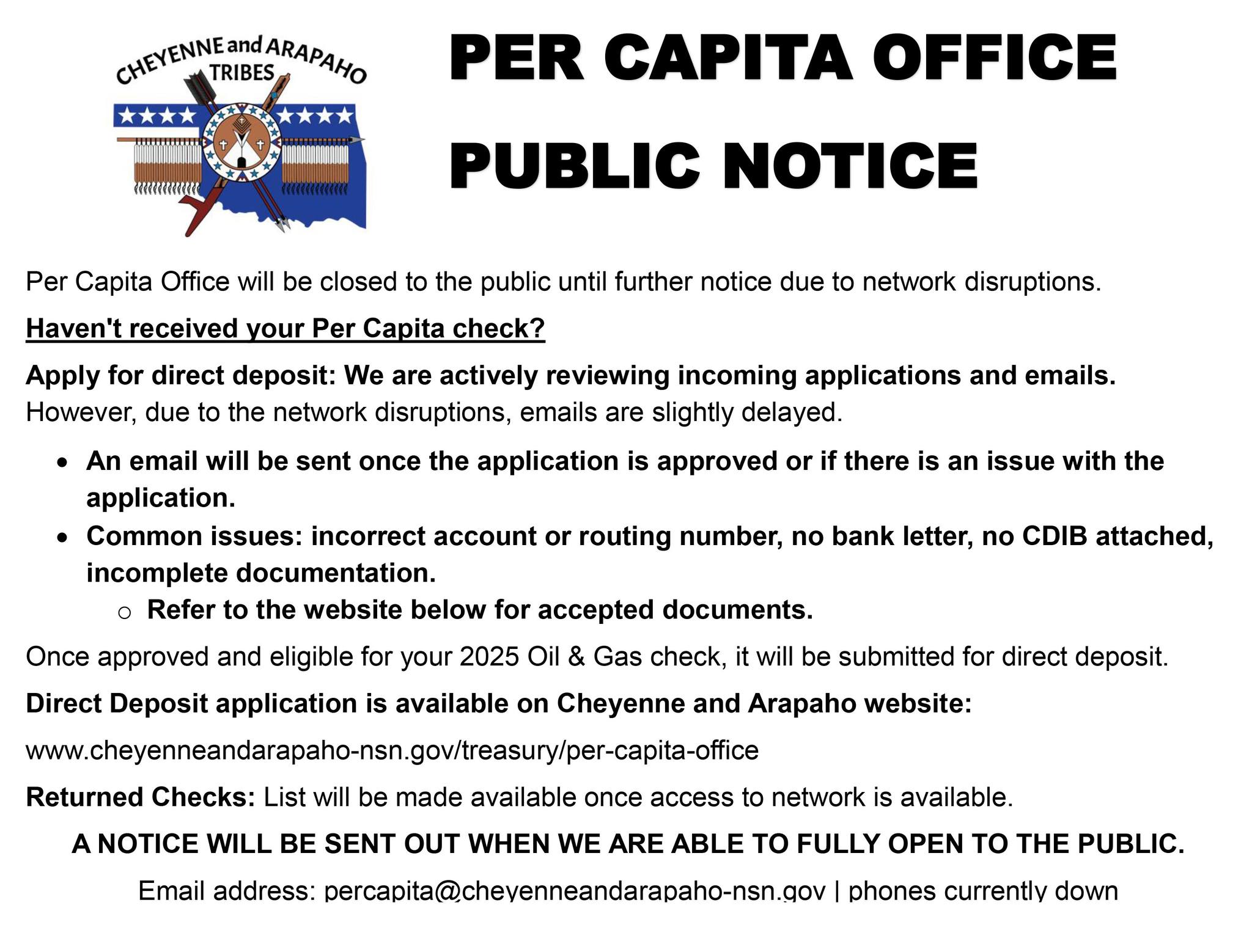 PUBLIC NOTICE - PER CAPITA OFFICE - Cheyenne & Arapaho Tribes | Facebook