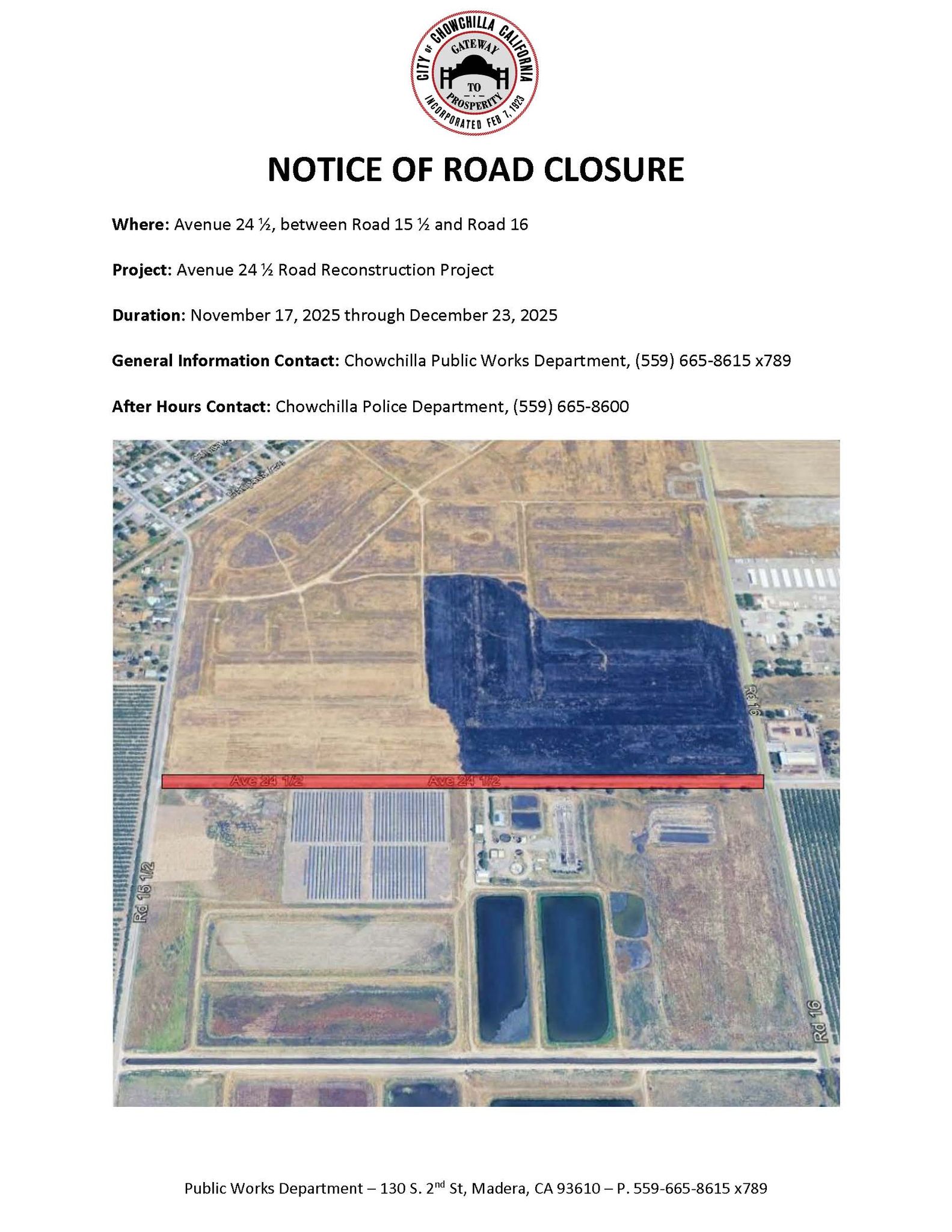 City - ⚠ Notice of Road Closure ⚠ Road Closure for Ave 24 1/2 between ...