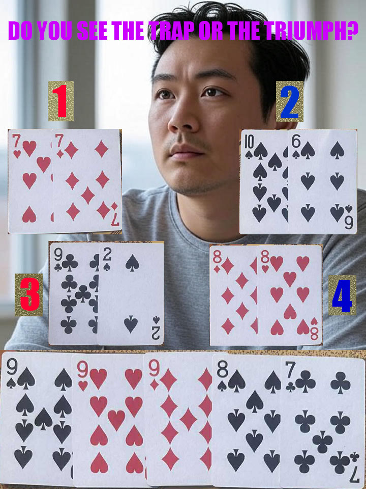 Poker - The Board: 9♠ – 9♥ – 9♦ – 8♠ – 7♣ The Contender 1 (7♥ 7♦ ...