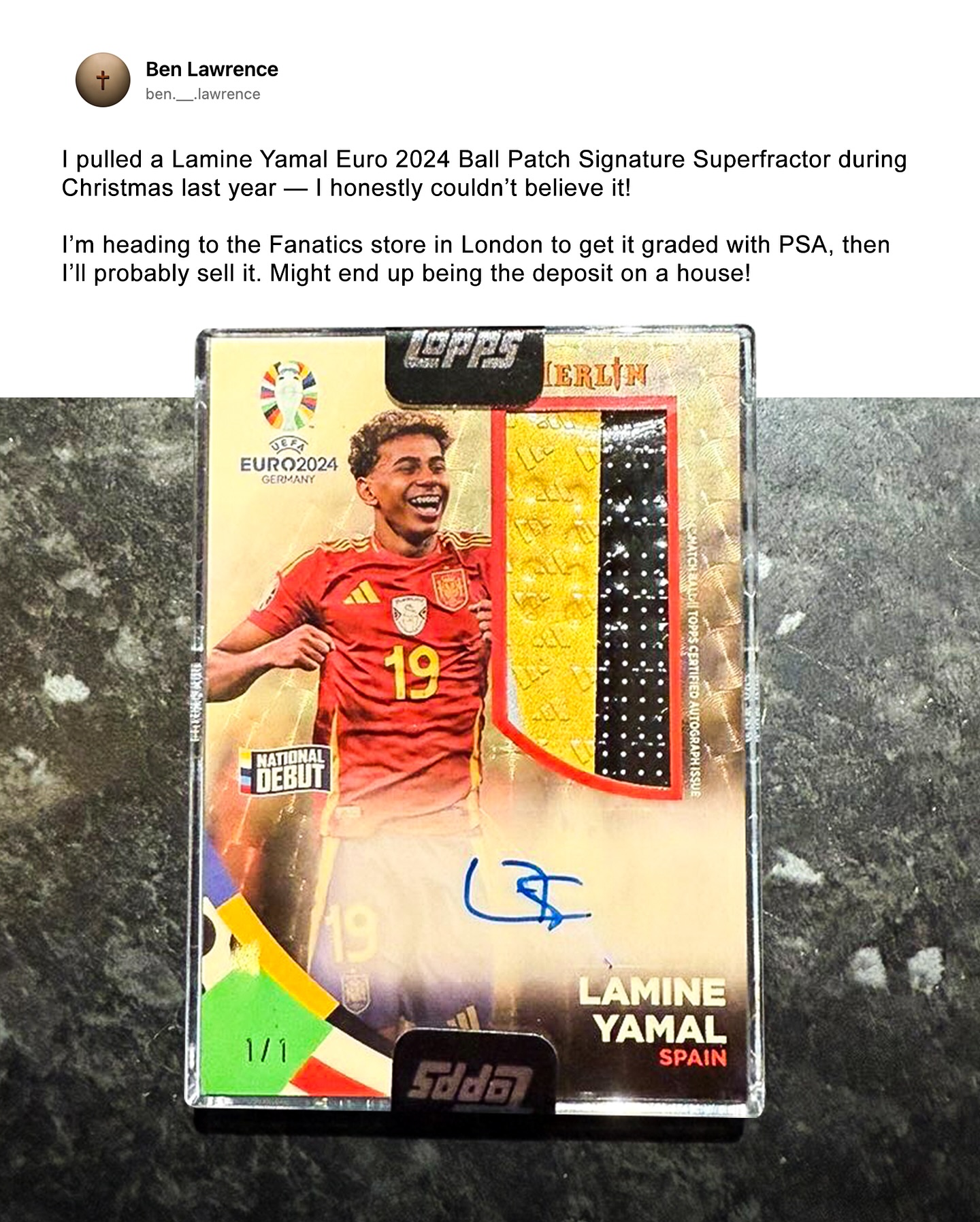 JUST SOLD: This Lamine Yamal 1/1 card featuring an actual piece of 