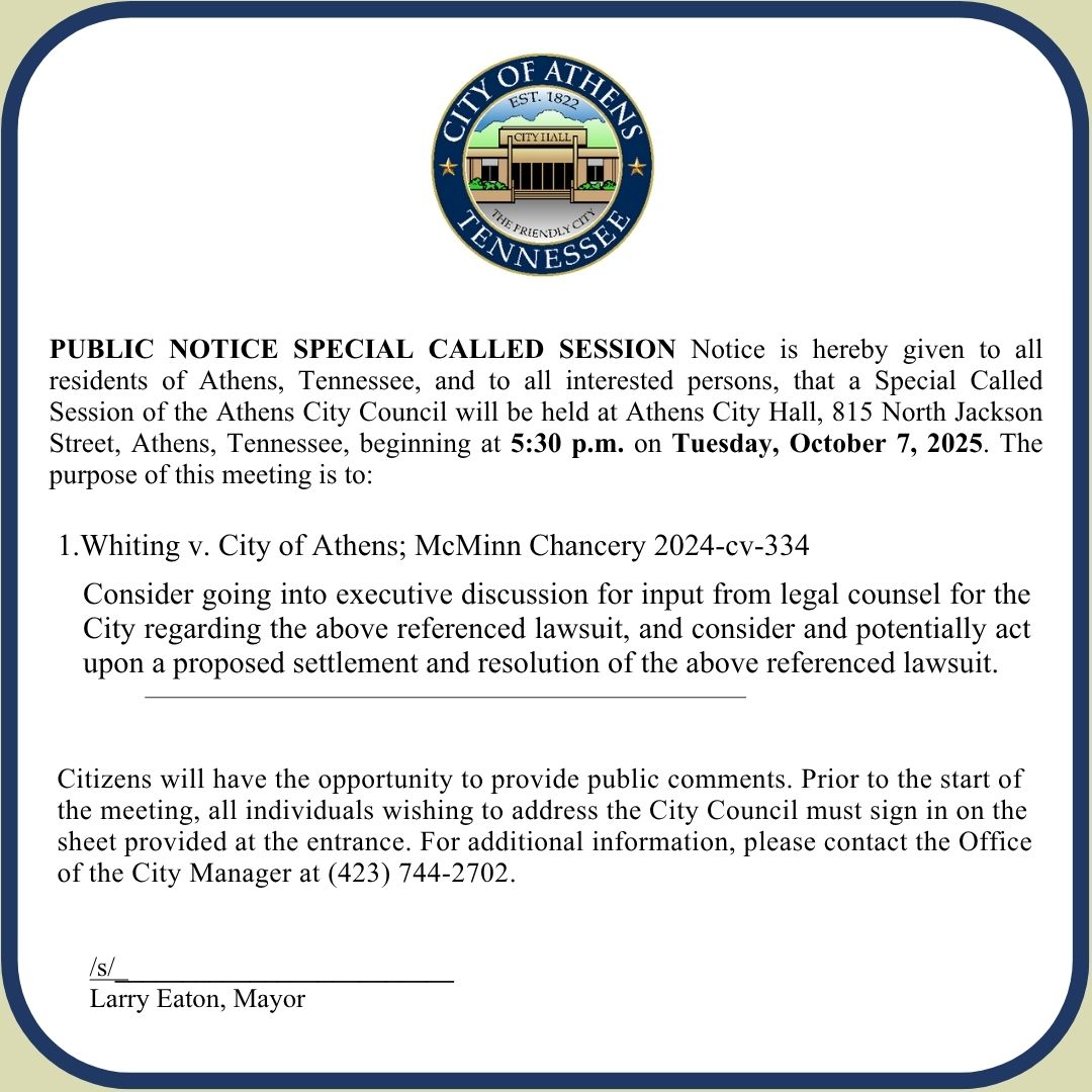 City - SPECIAL CALLED SESSION: Notice is hereby given to all residents ...