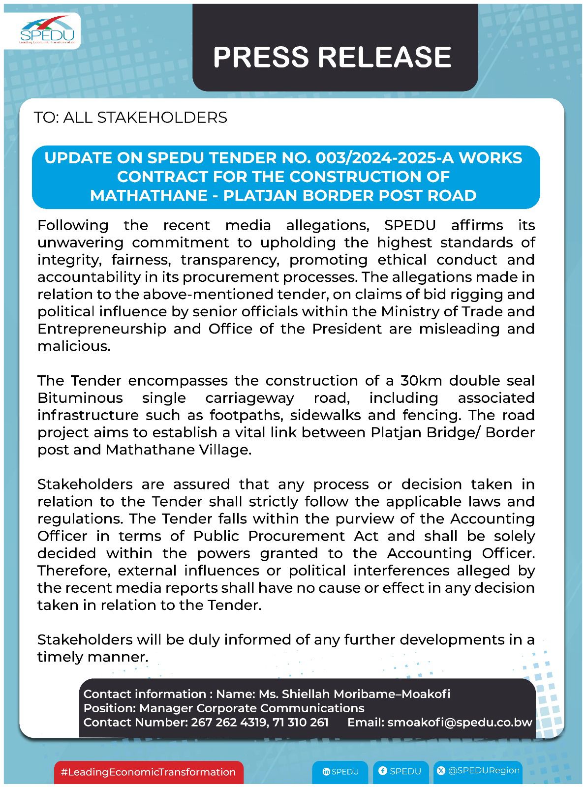 BWgovernment - PRESS RELEASE UPDATE ON SPEDU TENDER NO. 003/2024-2025-A ...
