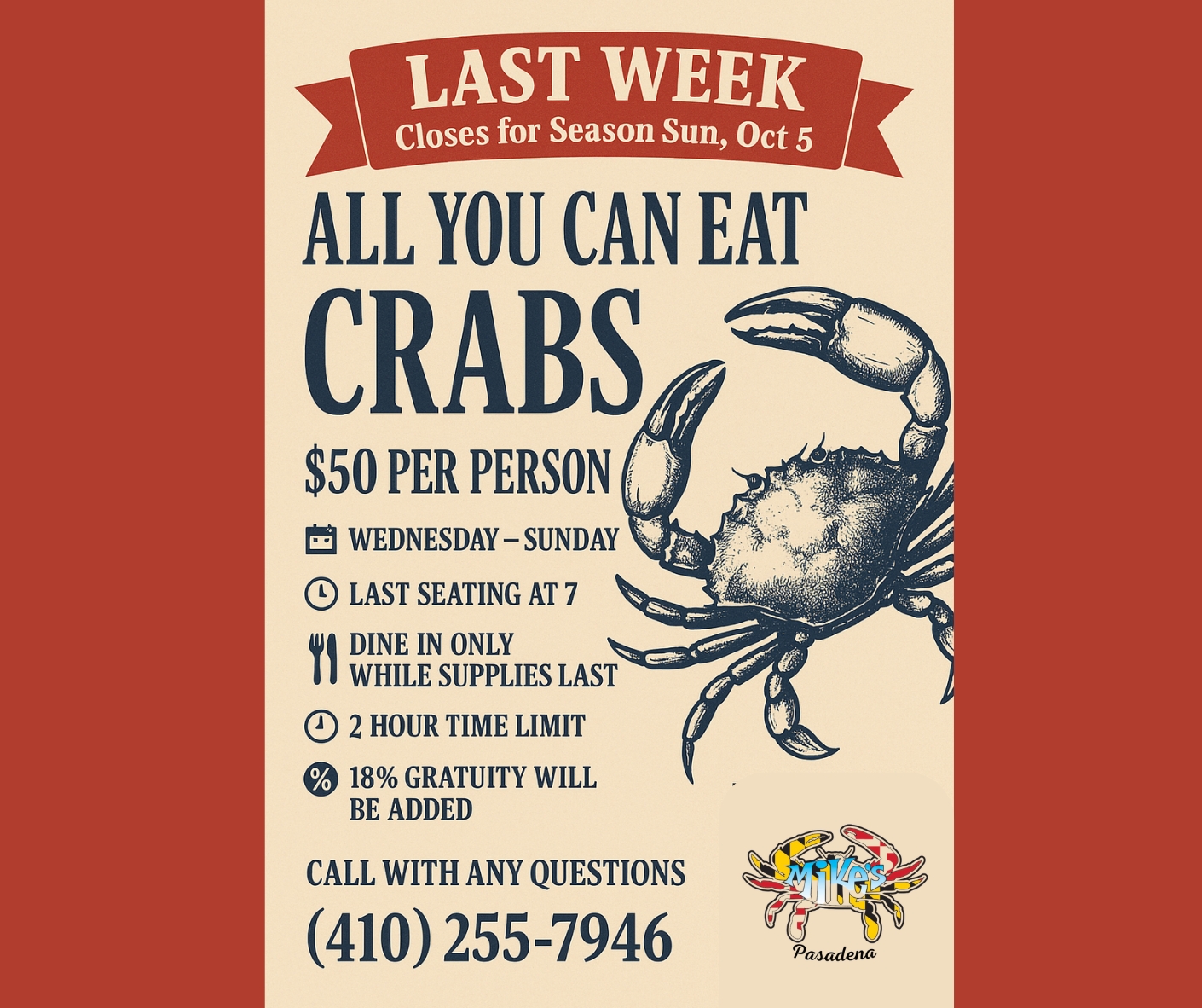 Last chance for ALL YOU CAN EAT... - Mikes Crab House North | Facebook