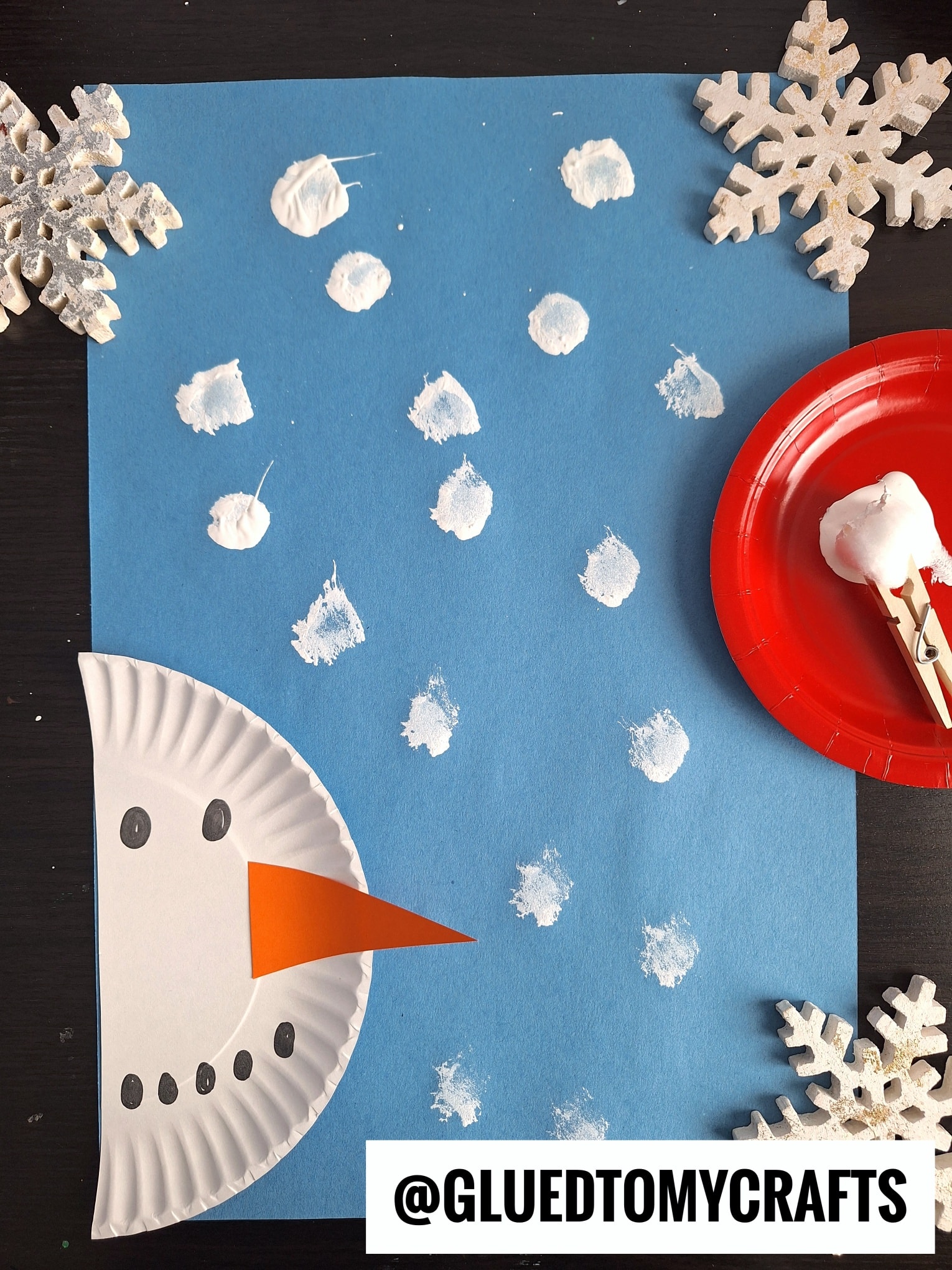 Glued - Paper Plate Snowman Craft Idea - use a cotton ball pinched in ...