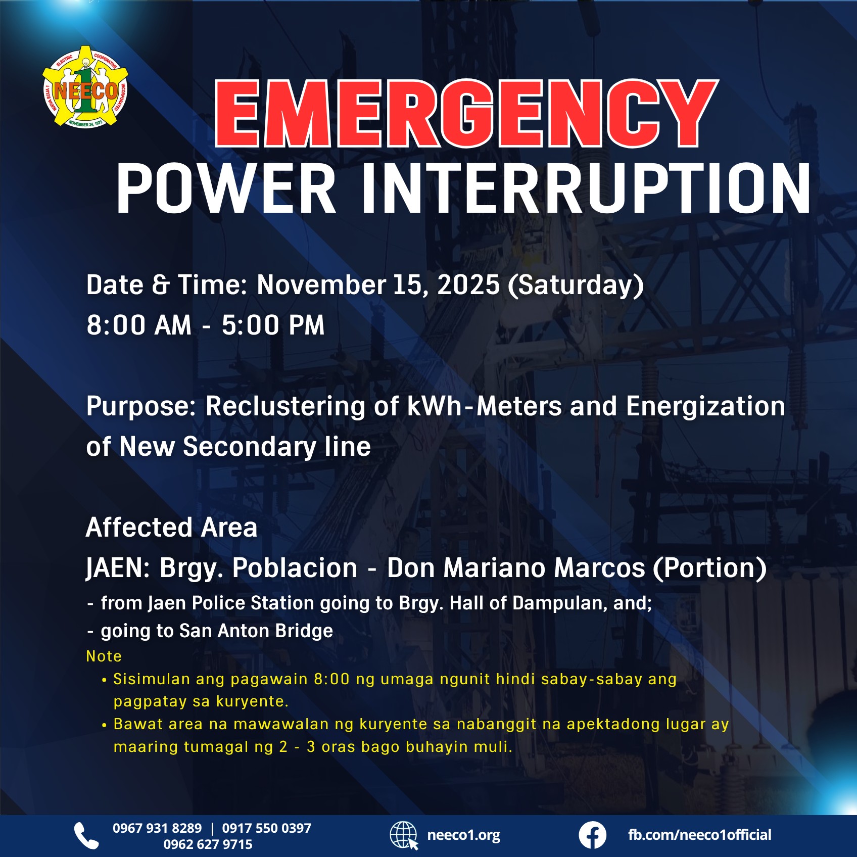 NEECO 1 - 𝐄𝐌𝐄𝐑𝐆𝐄𝐍𝐂𝐘 𝐏𝐎𝐖𝐄𝐑 𝐈𝐍𝐓𝐄𝐑𝐑𝐔𝐏𝐓𝐈𝐎𝐍 Date and Time:... | Facebook