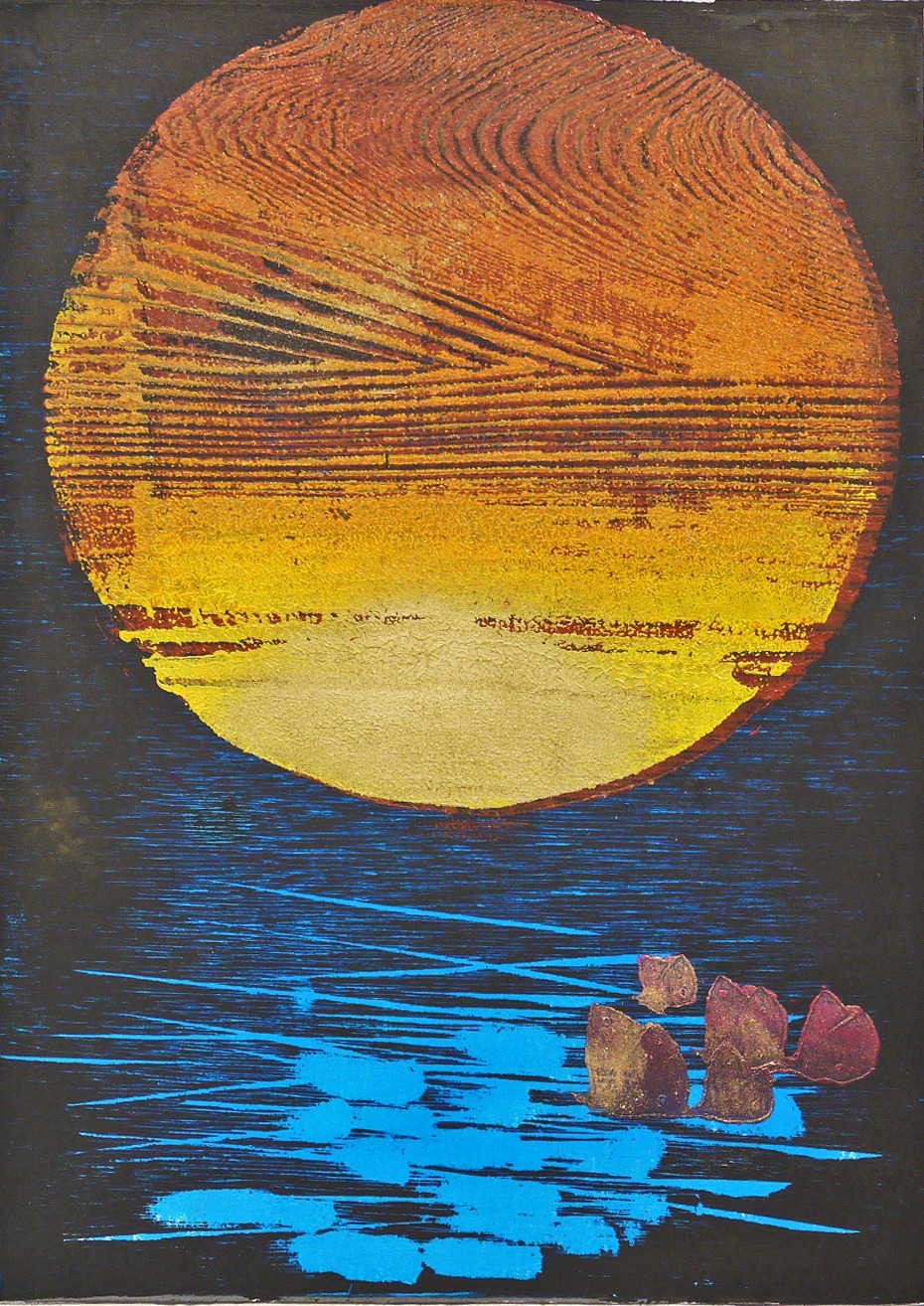Morning Moon', a 1965 woodblock print; ink and colour on paper, by
