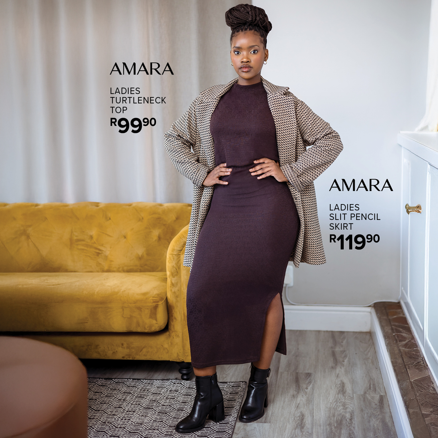 top ladies dress JUMBO CLOTHING || Ladies: Effortless elegance: Embrace timeless style with AMARA turtleneck Ladies slit pencil skirt Plaid perfection meets everyday edge — AMARA style in motion. 🖤👢👜 21st Birthday Dresses
